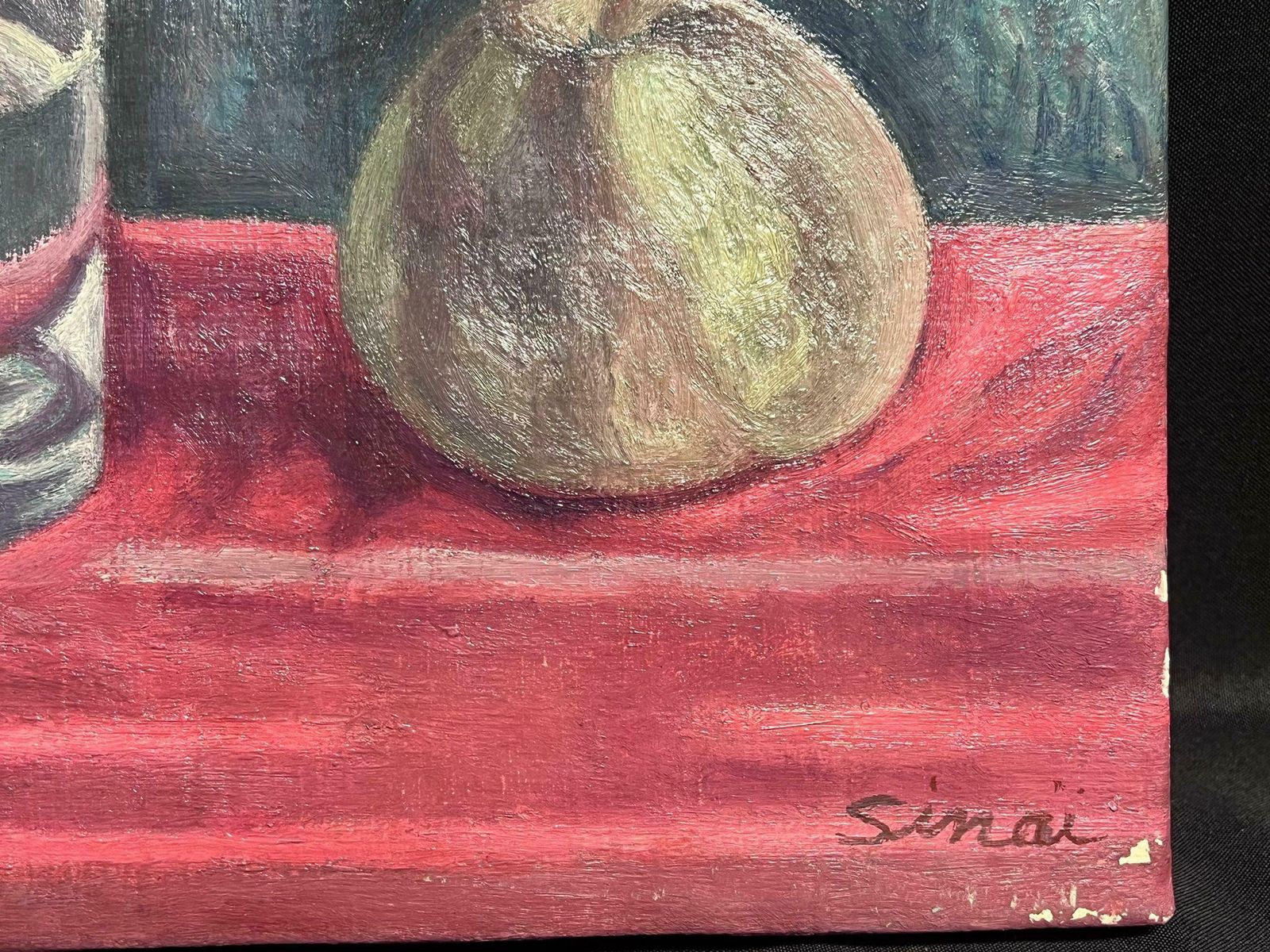 French Schoolpost Impressionist Signed Oil Still Life Apple & Water Glass 20th Century photo furniture