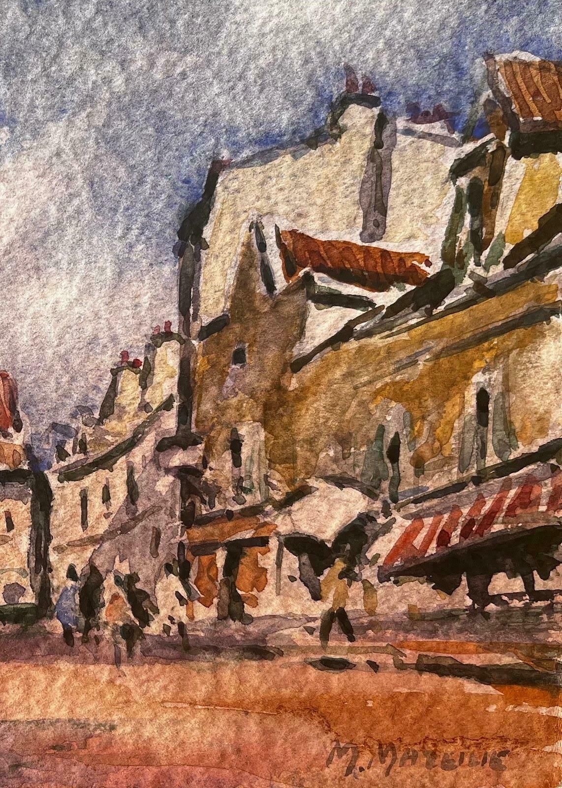 Unknownfrench Impressionist Watercolor Landscape Sunny Village Street With Figures20th Century photo for sale