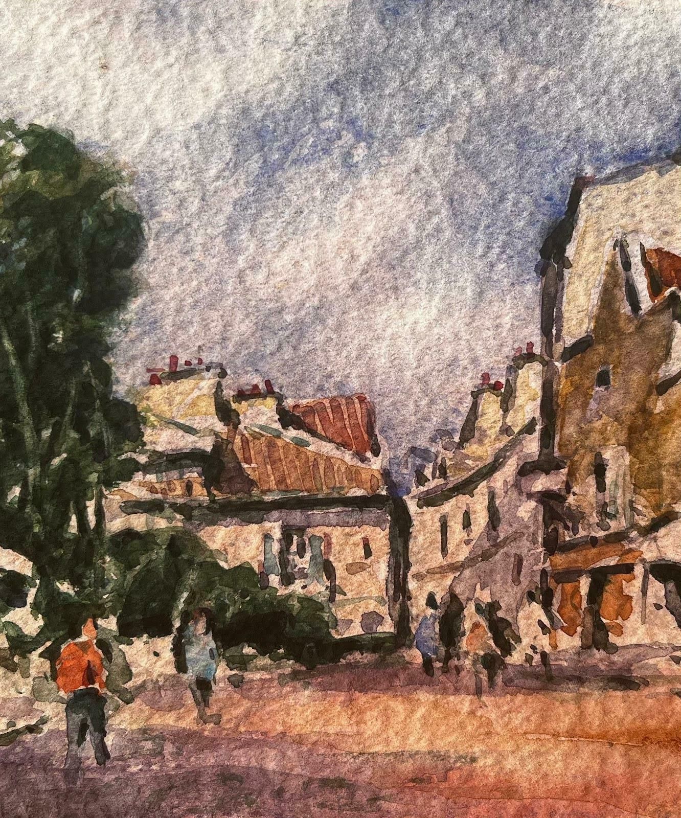 Unknownfrench Impressionist Watercolor Landscape Sunny Village Street With Figures20th Century photo Art