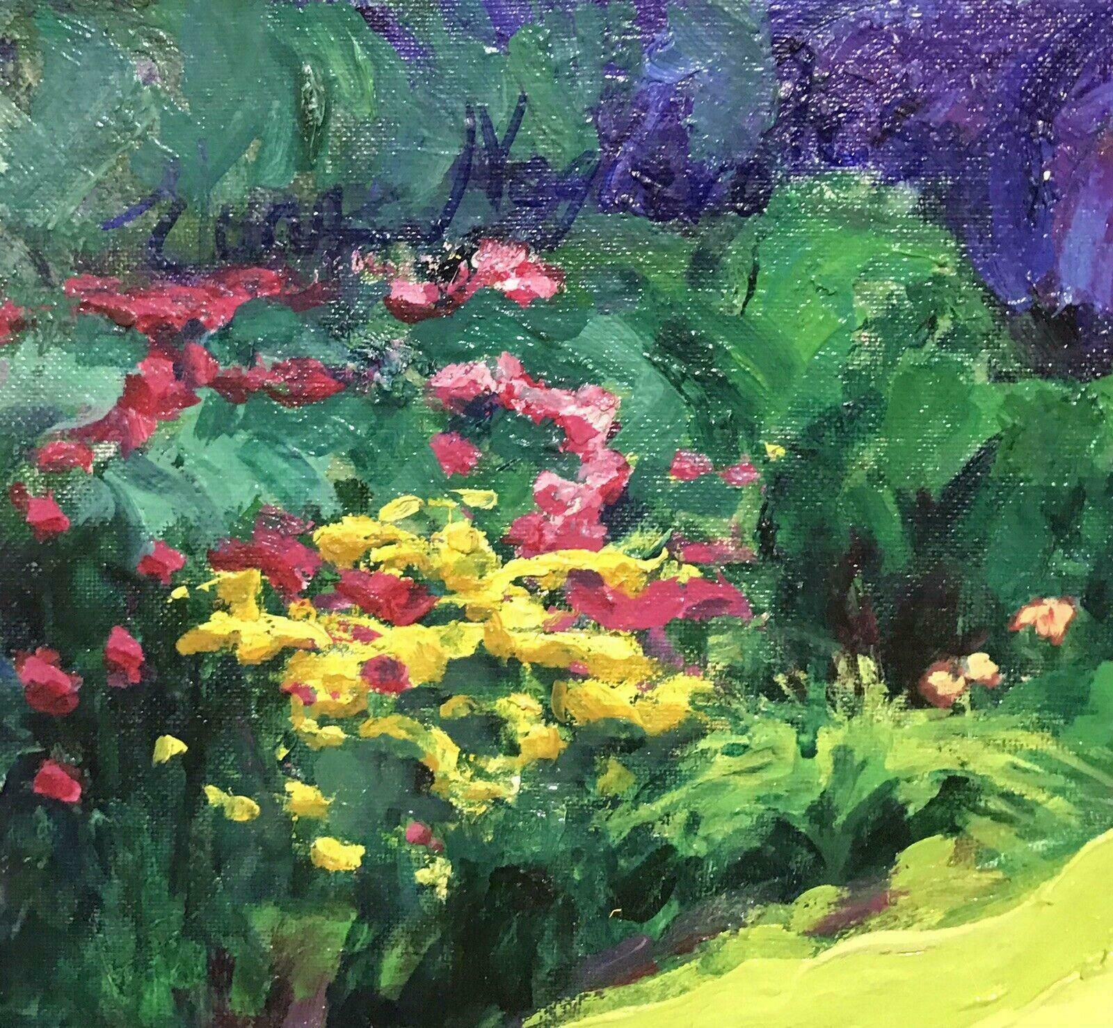 Unknownlarge French Signed Oil Abundant Color Flower Garden Pinks Greens Orange Yellowsc. 1980's photo vinterior