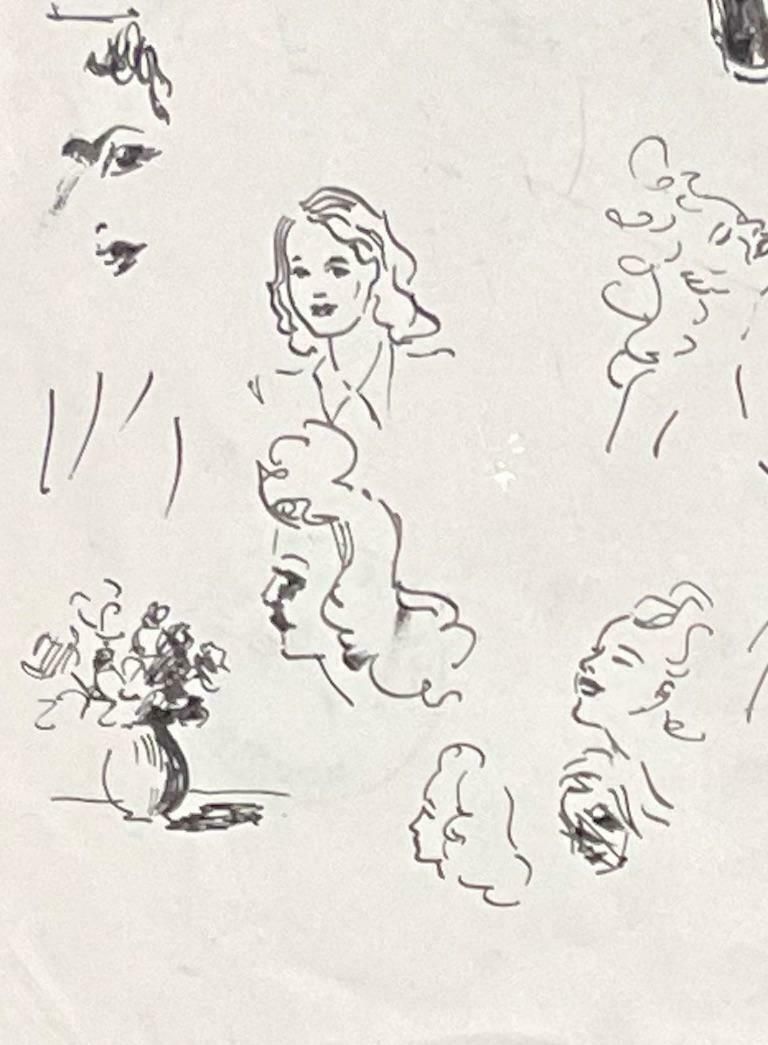 Josine Vignonmid Century French Elegant Ink Drawing Of Various Female Portrait Sketches1950's photo Art