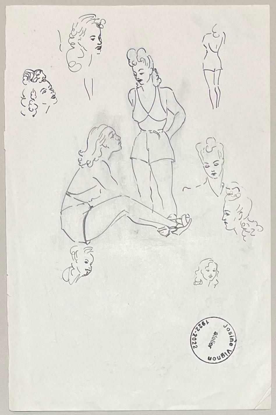 Josine Vignonmid Century French Elegant Ink Drawing Of Various Female Portrait Sketches1950's photo vinterior