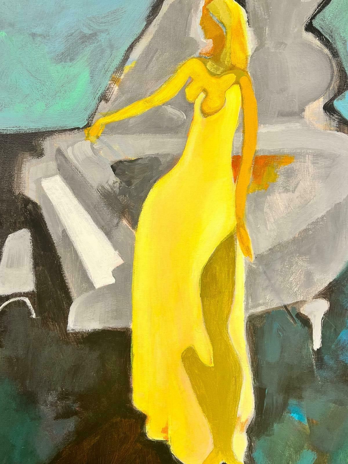 French School Large French Modernist Painting Girl In Yellow Dress Next To Grand Piano photo vinterior