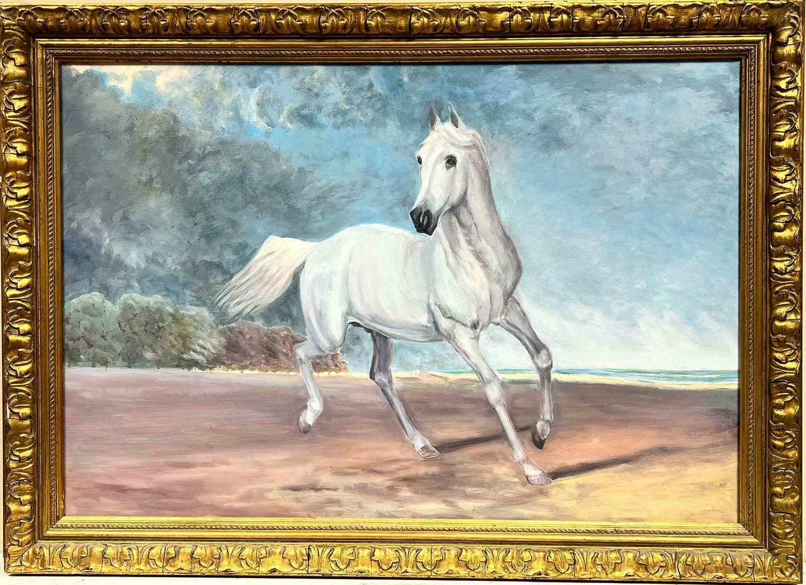 British Schoolarabian White Horse Prancing In Landscape, Huge Original Oil Painting