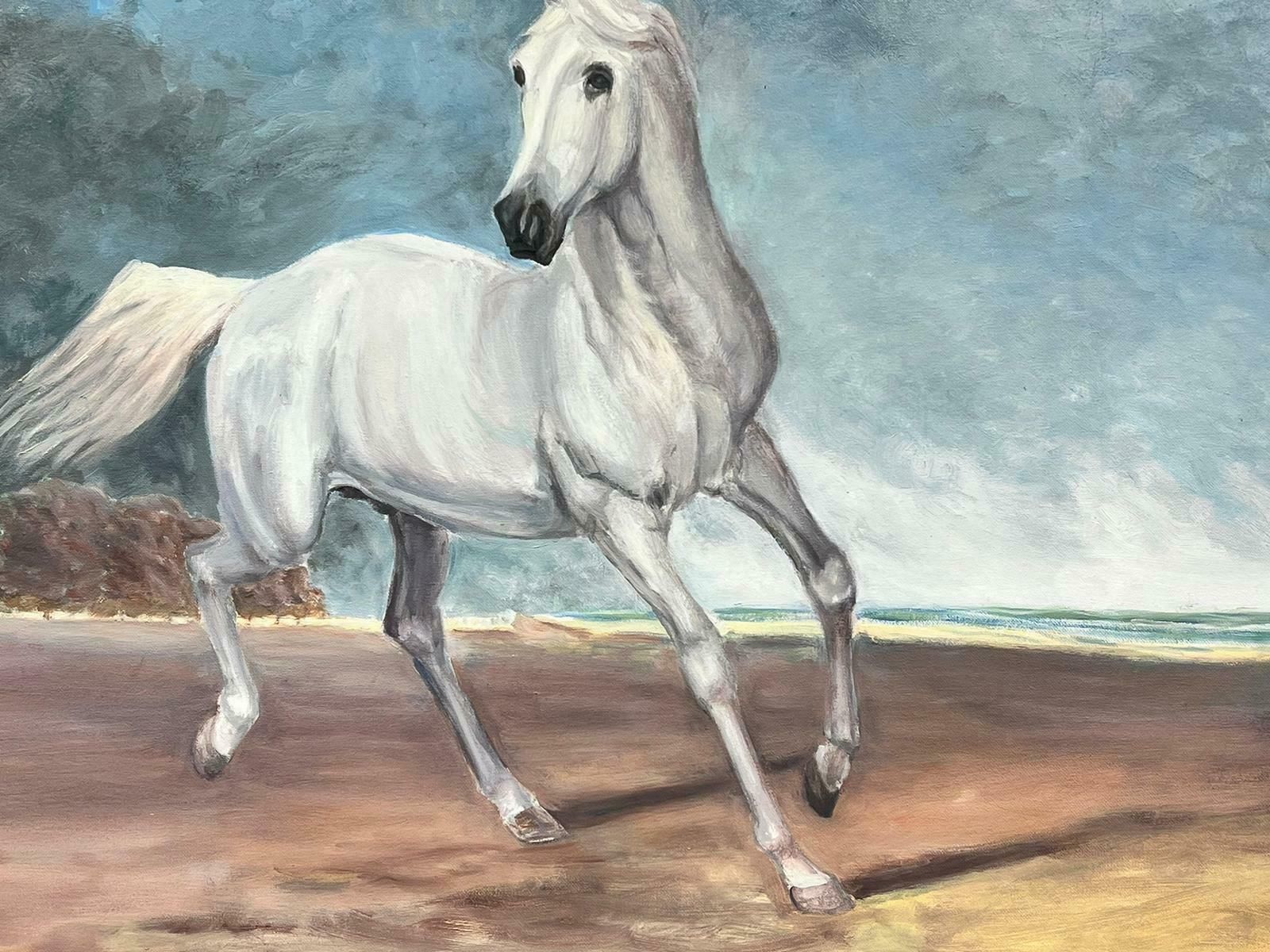 British Schoolarabian White Horse Prancing In Landscape, Huge Original Oil Painting photo furniture