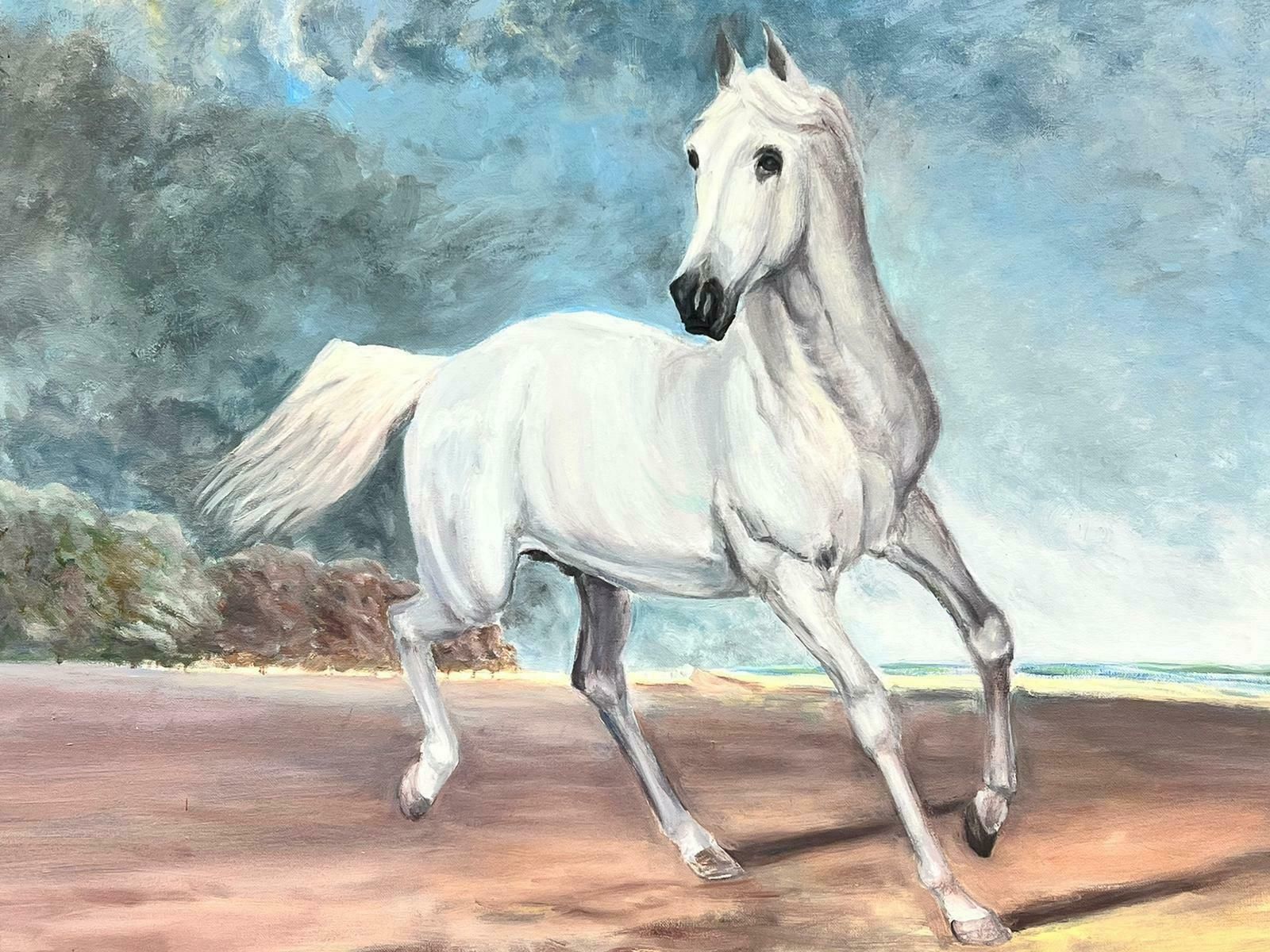 British Schoolarabian White Horse Prancing In Landscape, Huge Original Oil Painting photo 1887.0