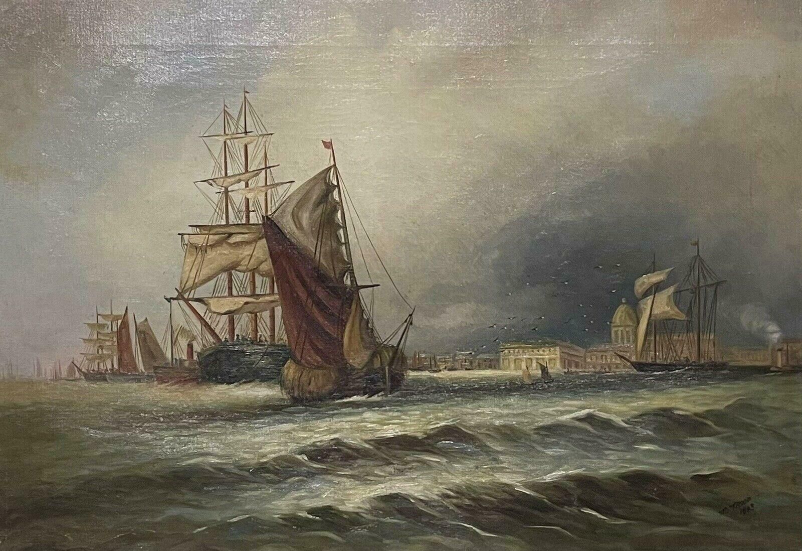 English Antiqueantique Signed & Dated 1903 Oil Painting Busy Shipping River Port City Buildingsc. 1903