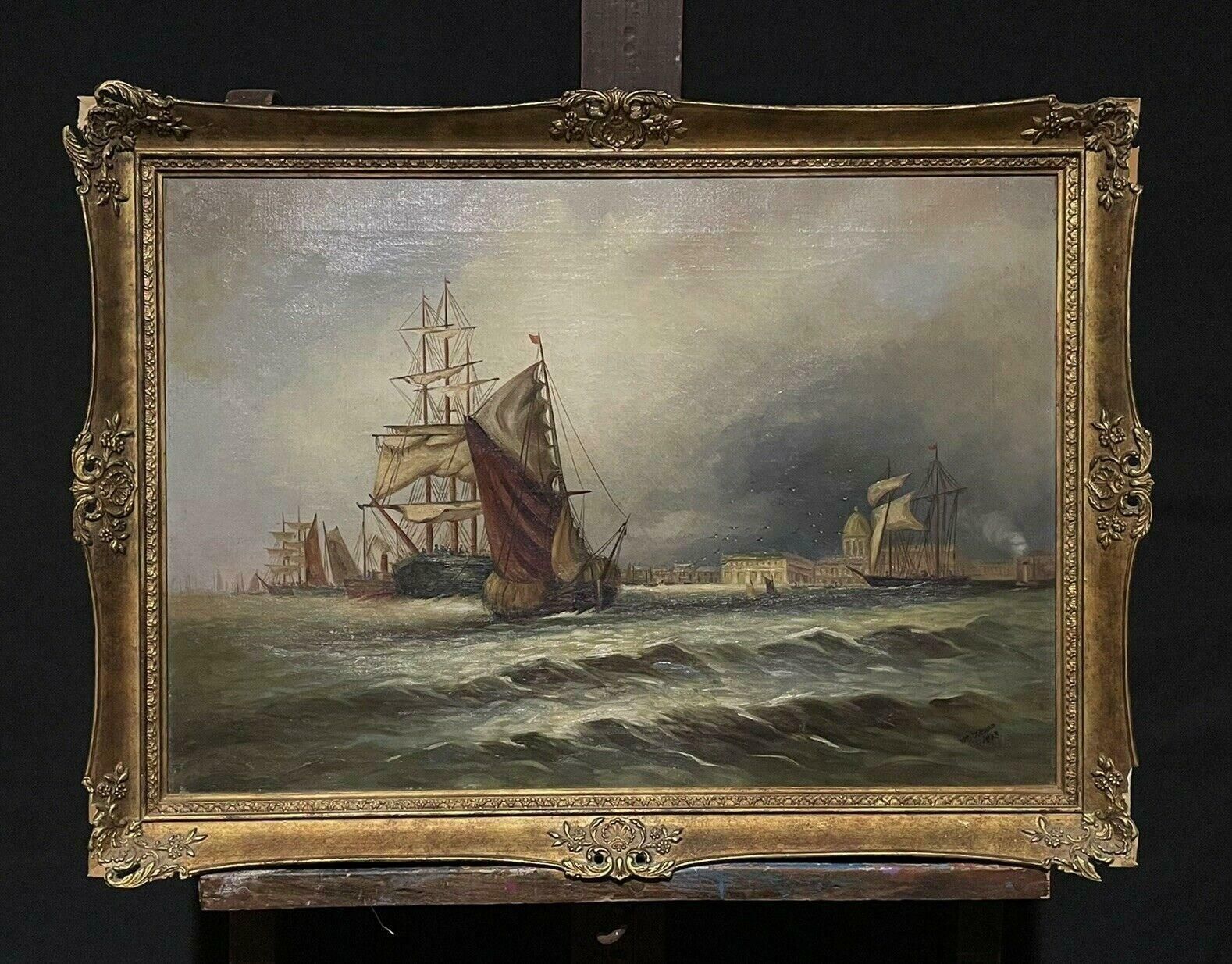 English Antiqueantique Signed & Dated 1903 Oil Painting Busy Shipping River Port City Buildingsc. 1903 photo furniture