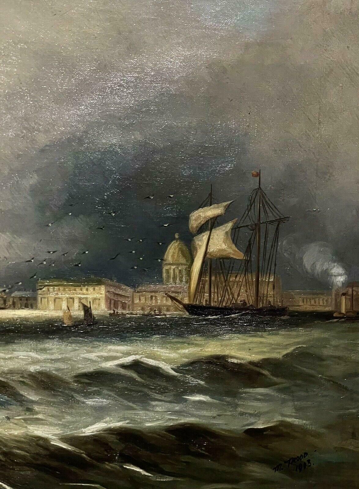 English Antiqueantique Signed & Dated 1903 Oil Painting Busy Shipping River Port City Buildingsc. 1903 photo Art