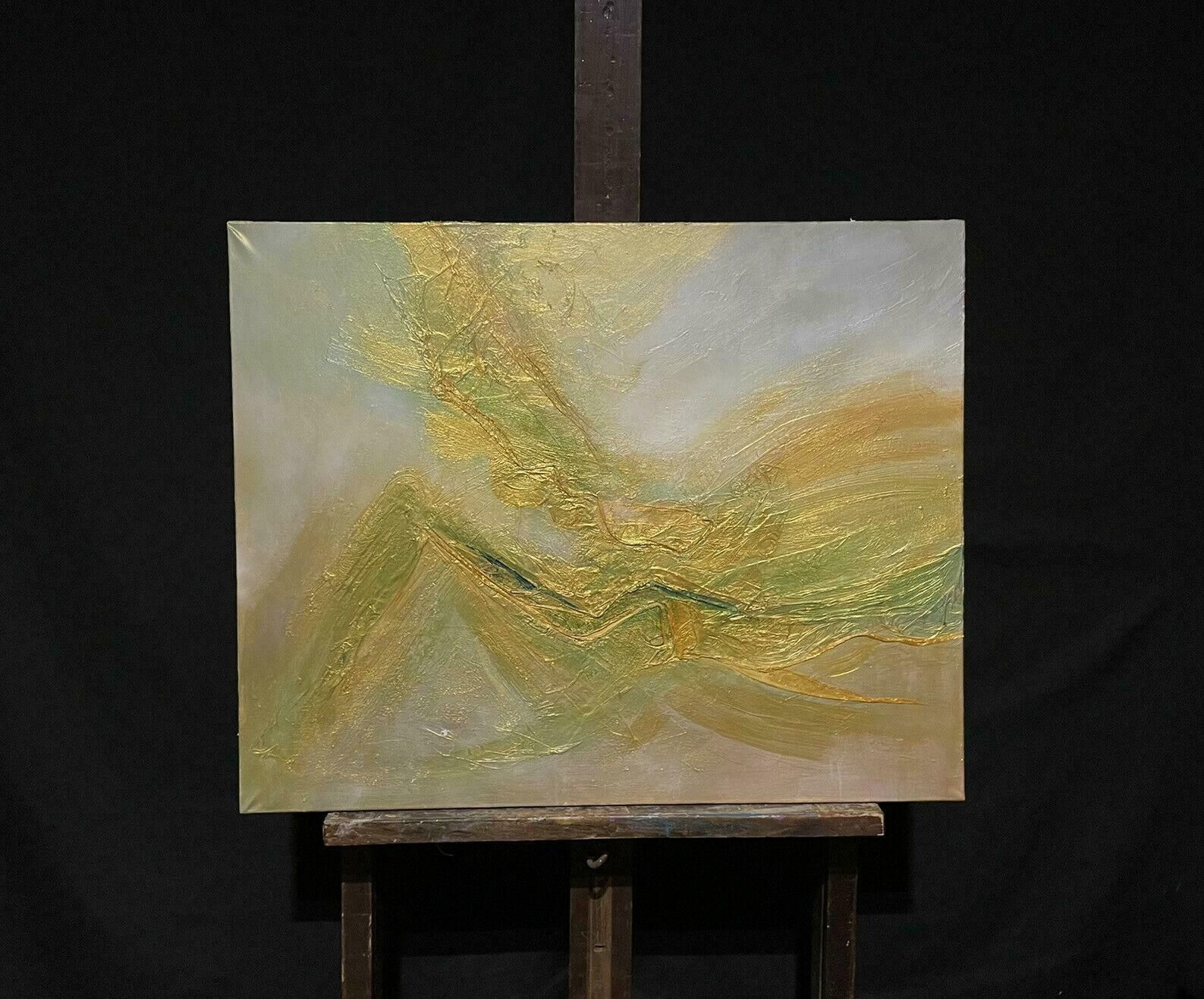 French Schoolfrench Contemporary Abstract Painting Gold Highlights Expressionist Composition photo furniture