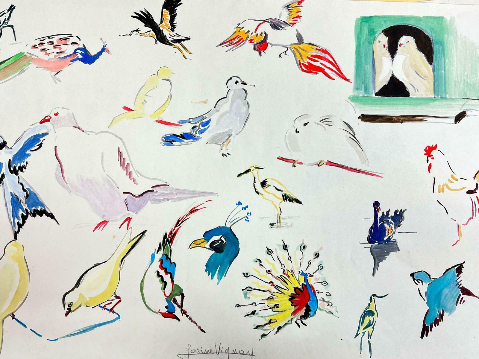 Josine Vignonmid Century French Illustration Sketches Of Different Colorful Birds1960's photo furniture