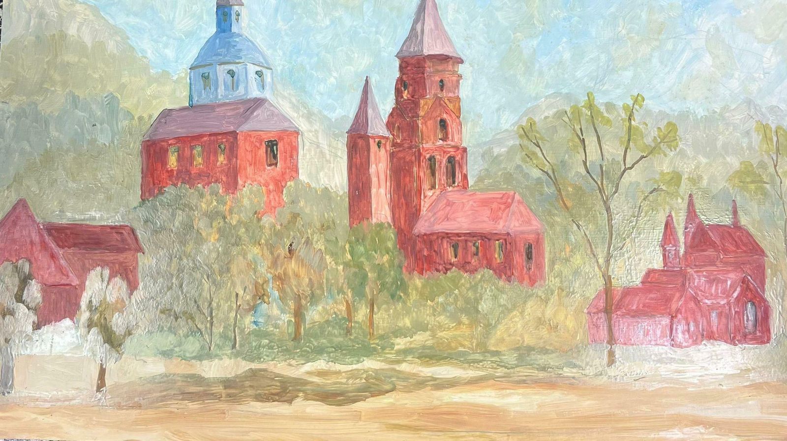 Bernard Labbe1950's French Modernist Oil Painting Red Church Towers In Tree Landscape1950's
