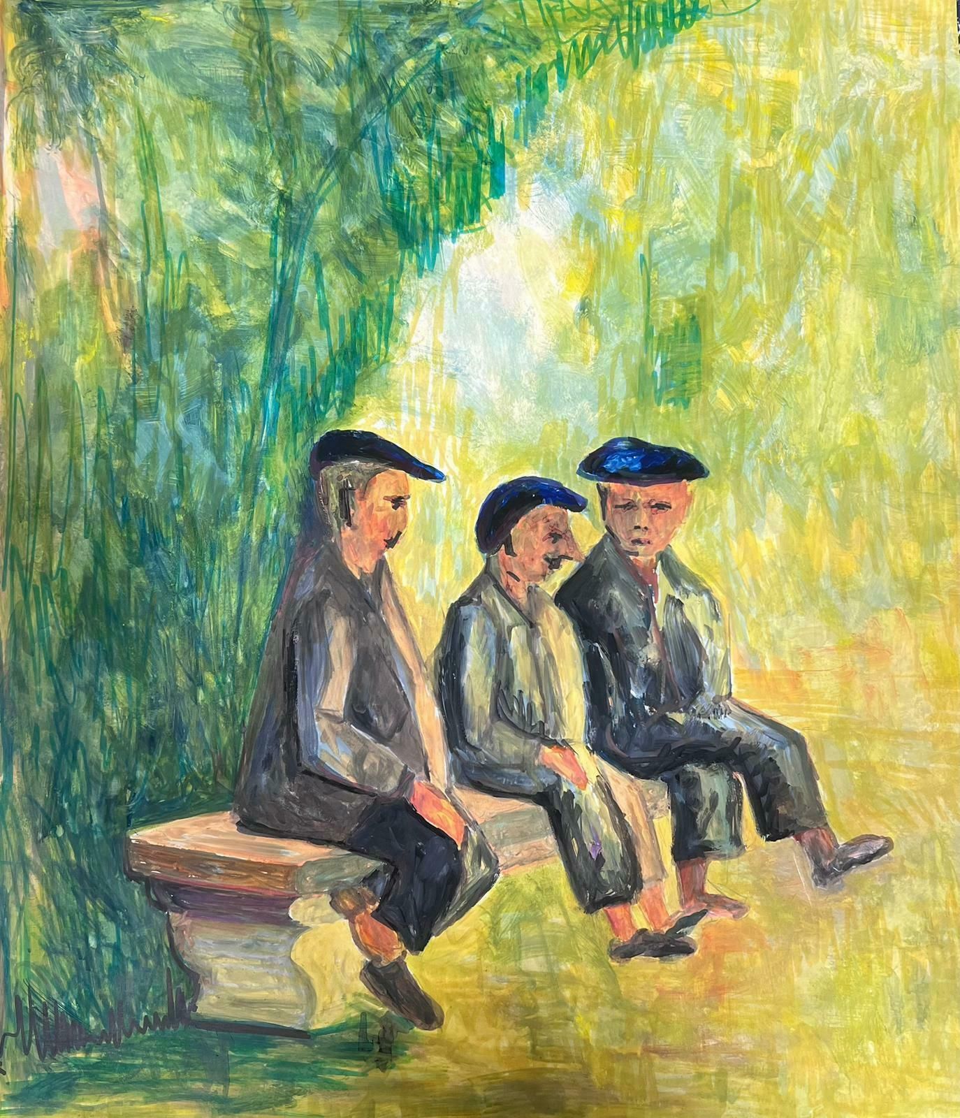 Bernard Labbe20th Century French Modernist Painting Three Men In Black Beret's On Bench1970's