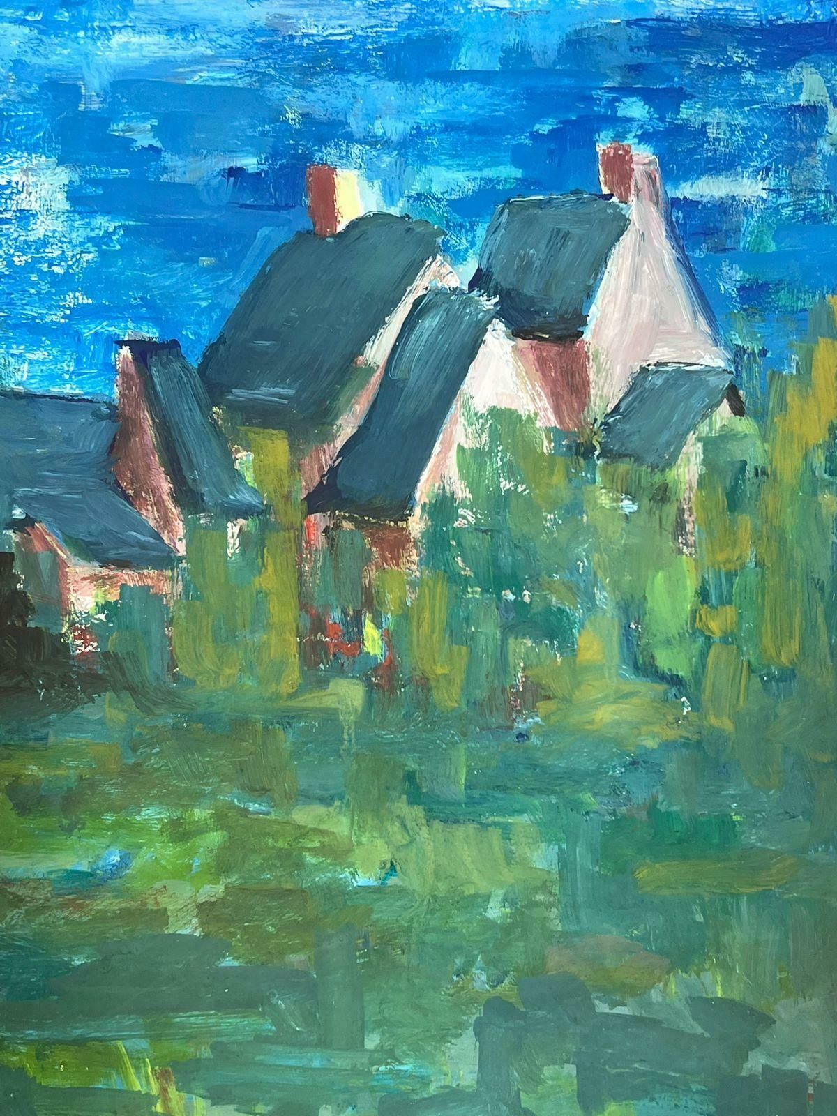 Bernard Labbe20th Century Modernist Painting Blue Roof Buildings In Bright Blue Sky Fields1950's photo Art