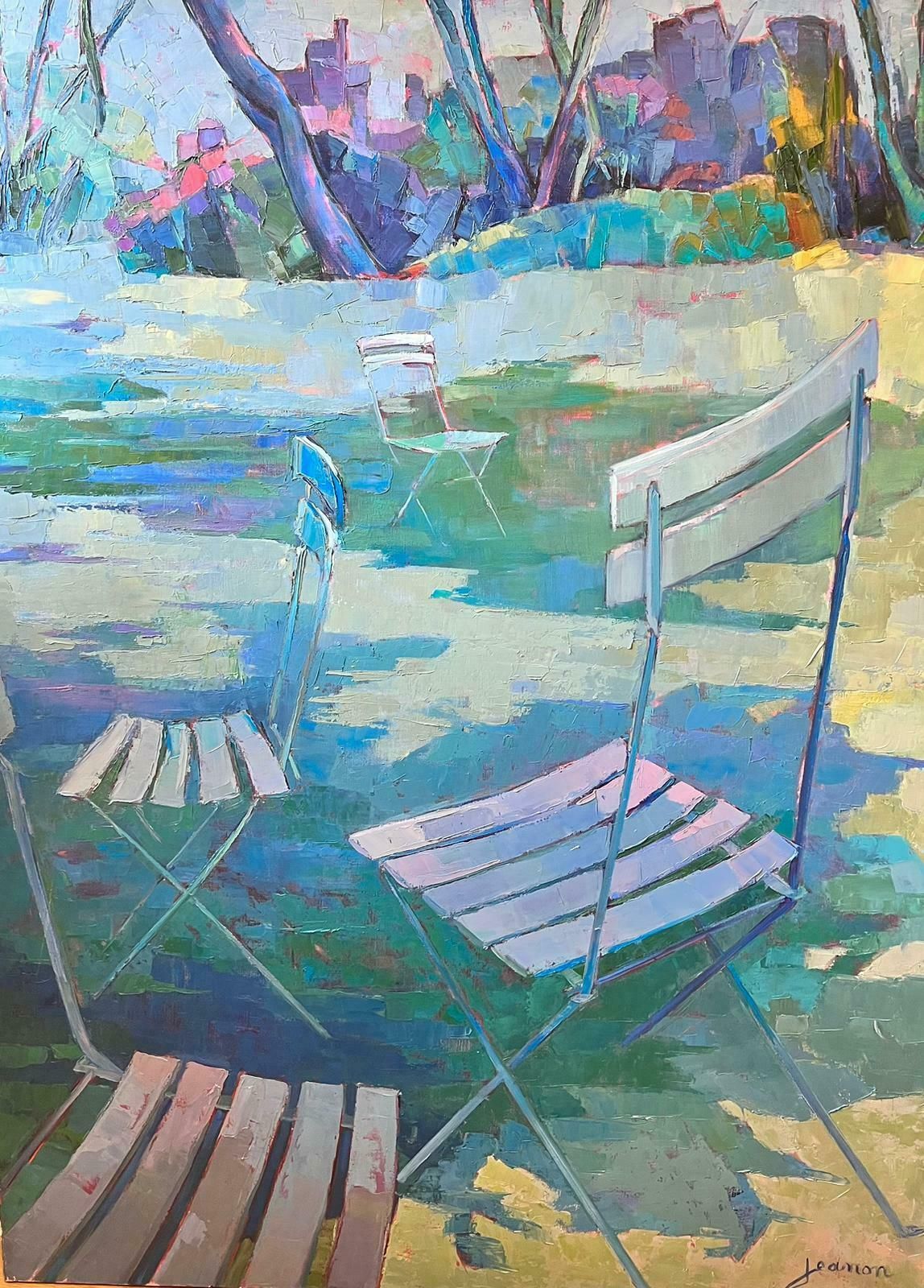 Jeanon Pitrehuge French Modernist Oil Sunny Garden Landscape With French Chairs