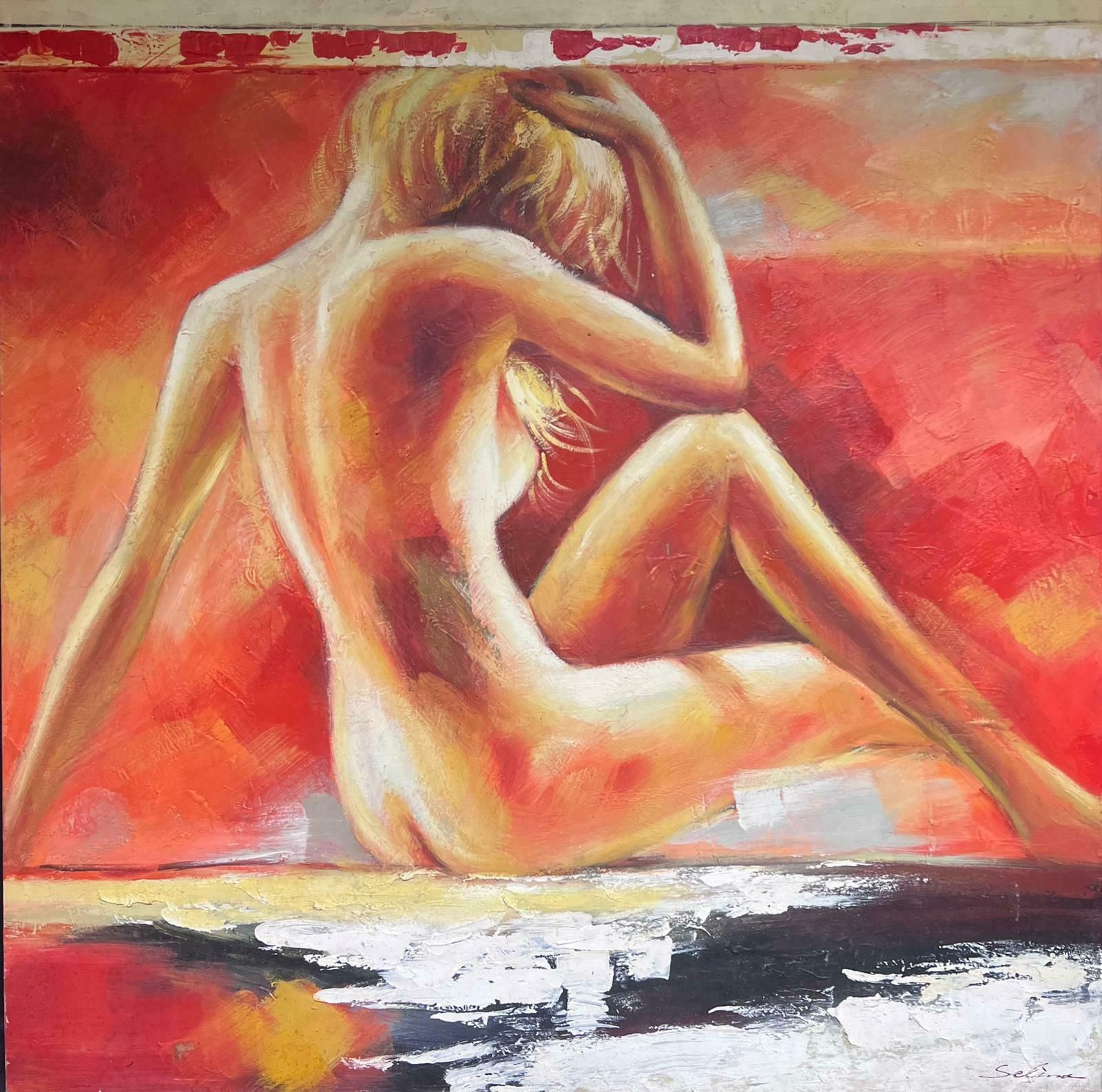 European Artisthuge Contemporary Oil Painting Nude Lady Against Red Background Signed