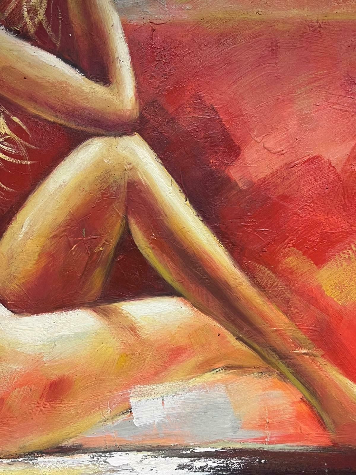 European Artisthuge Contemporary Oil Painting Nude Lady Against Red Background Signed photo vinterior