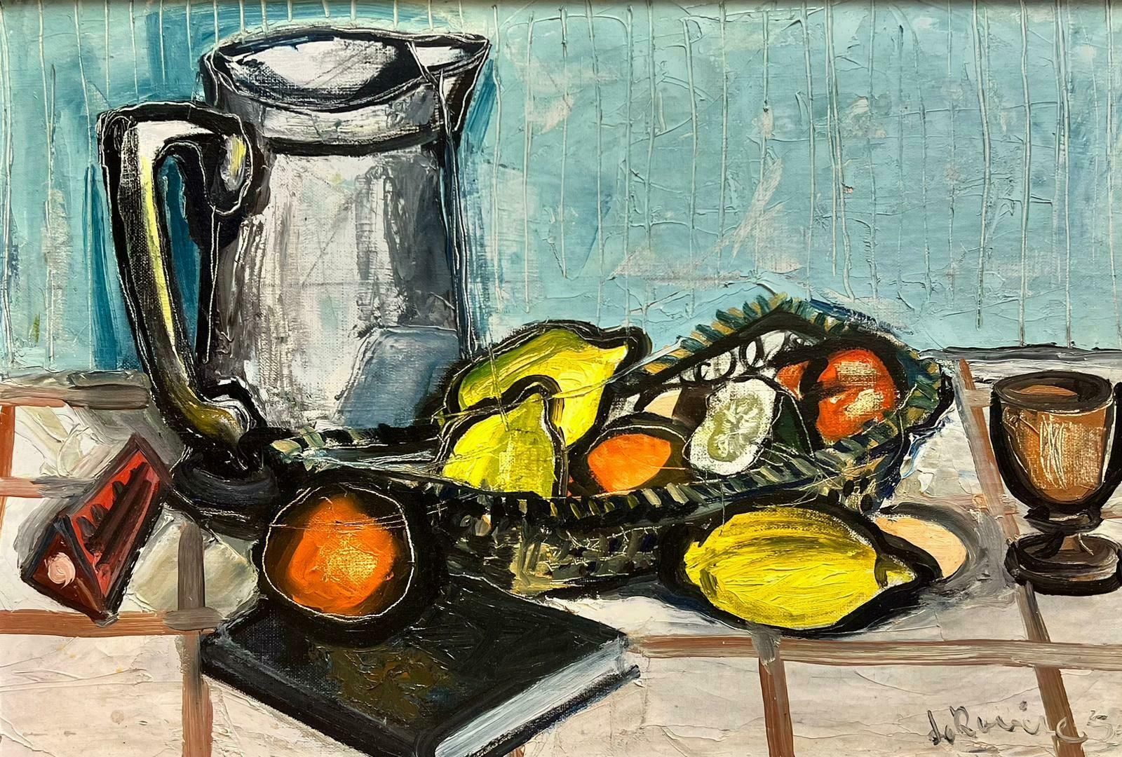 French School1950’s French Expressionist Signed Oil Still Life Lemons Oranges On Table