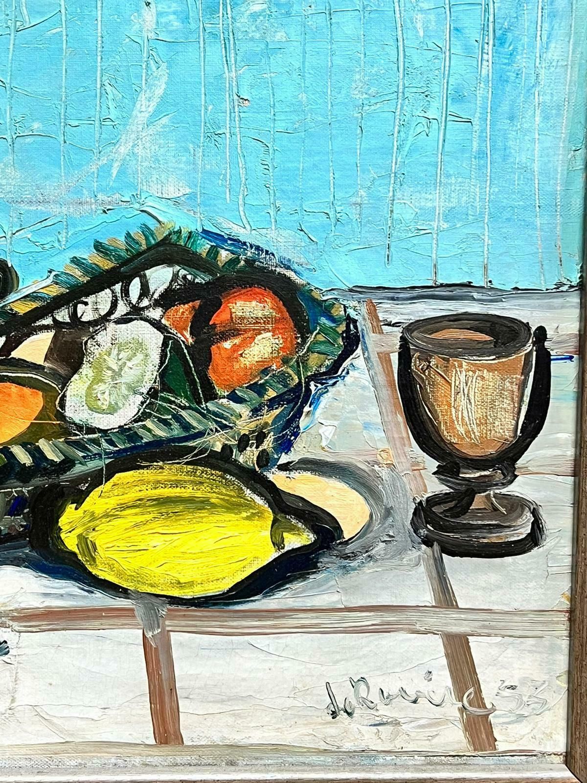 French School1950’s French Expressionist Signed Oil Still Life Lemons Oranges On Table photo vinterior