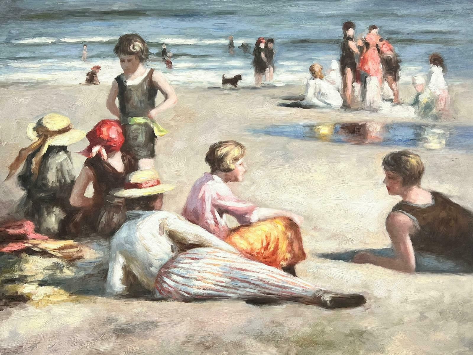 English Schoolelegant Families Enjoying Sunny Day On Beach, Vintage English Oil Painting