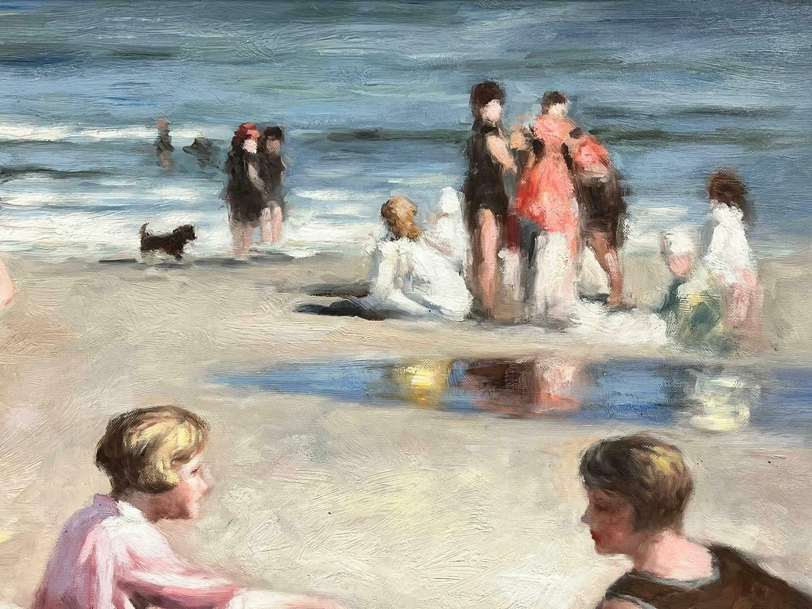 English Schoolelegant Families Enjoying Sunny Day On Beach, Vintage English Oil Painting photo for sale