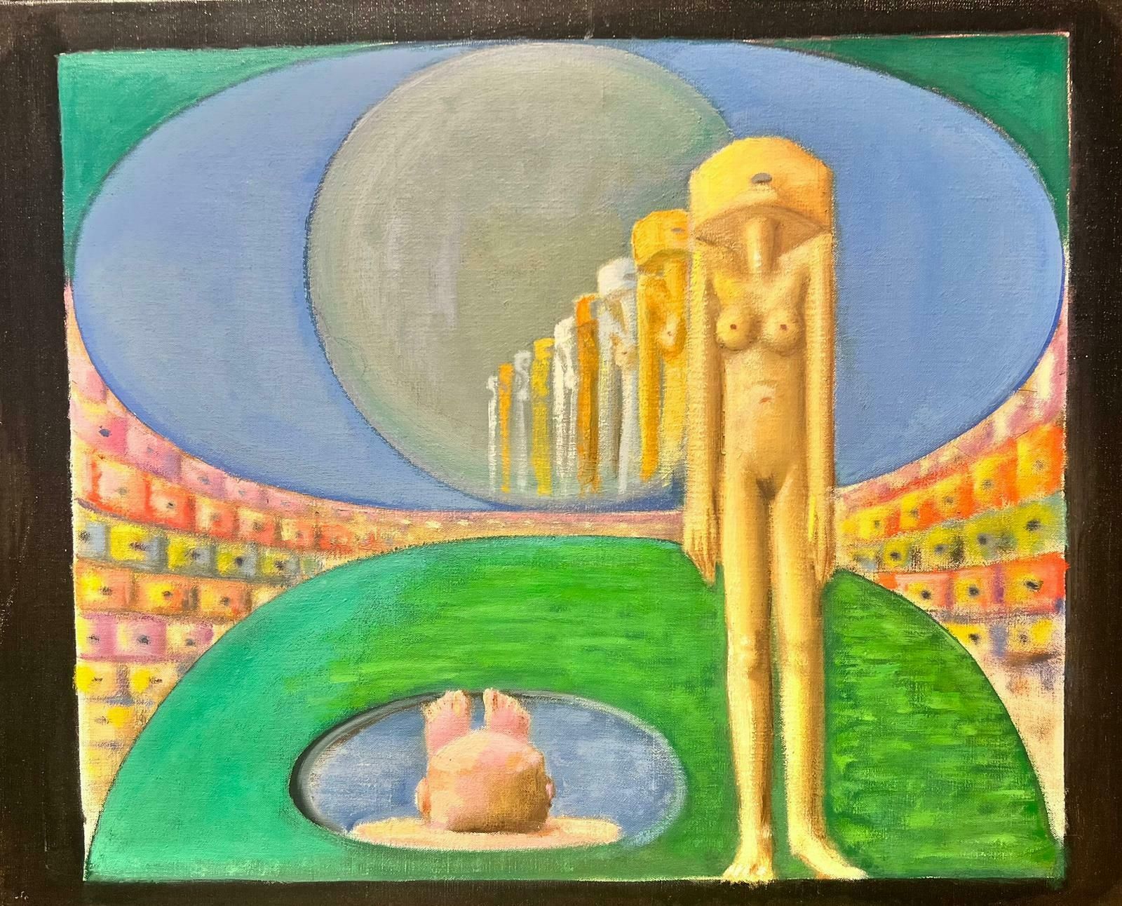 T. Fabris1980’s French Surrealist Huge Oil Painting Nude Sculpture In Green Landscape 1980’s photo furniture