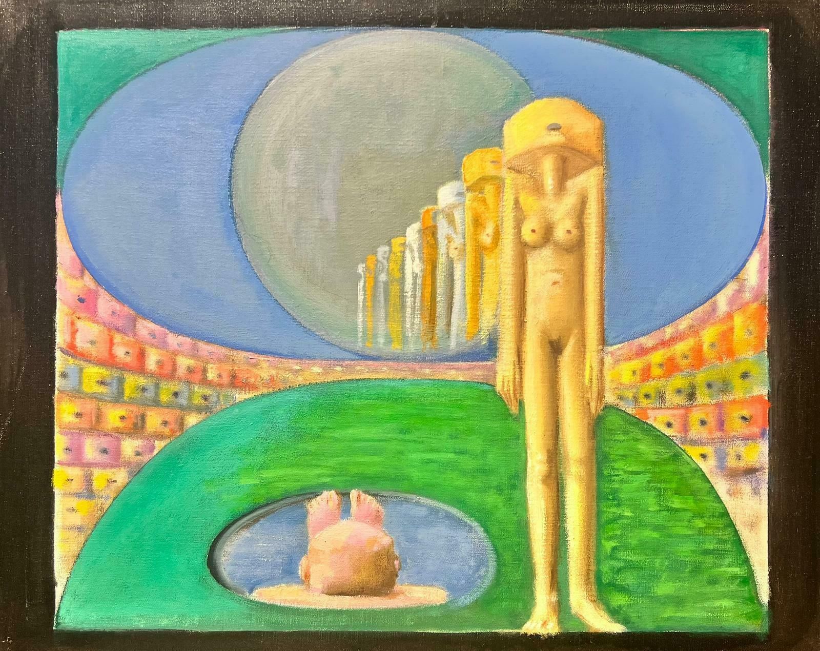 T. Fabris1980’s French Surrealist Huge Oil Painting Nude Sculpture In Green Landscape 1980’s photo Art