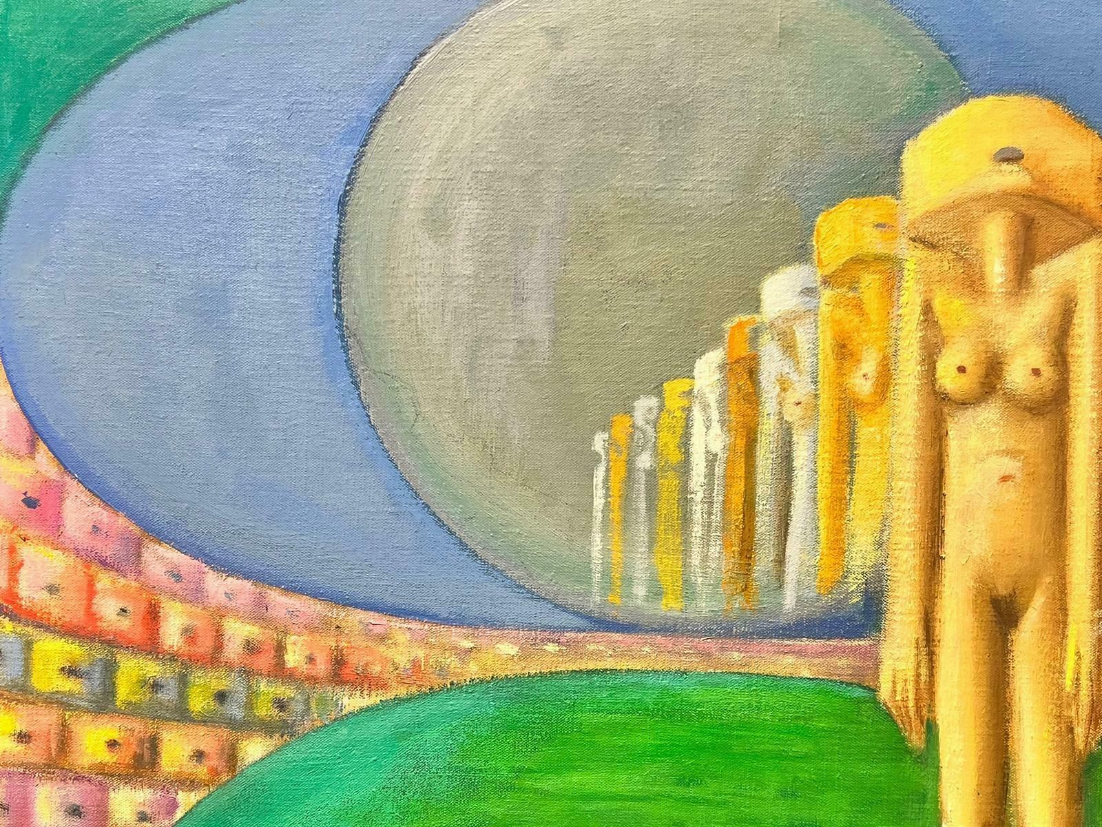 T. Fabris1980’s French Surrealist Huge Oil Painting Nude Sculpture In Green Landscape 1980’s photo 1428.0