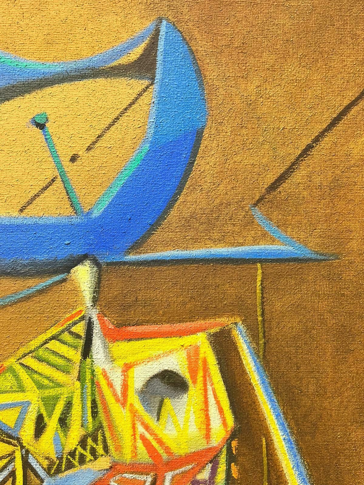 T. Fabris1980’s French Surrealist Oil Painting Abstract Figurative Composition 1989 photo for sale