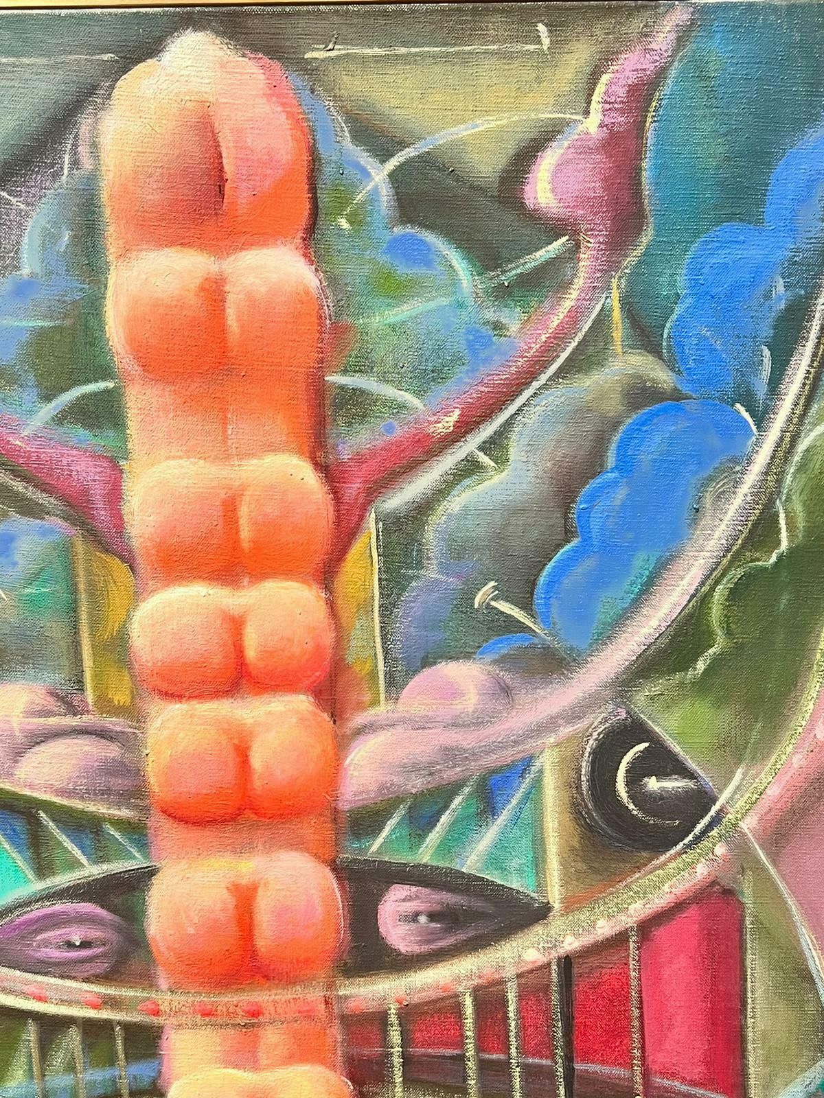 T. Fabris1970’s French Large Surrealist Abstract Oil Painting Pink Green Blues1973 photo for sale