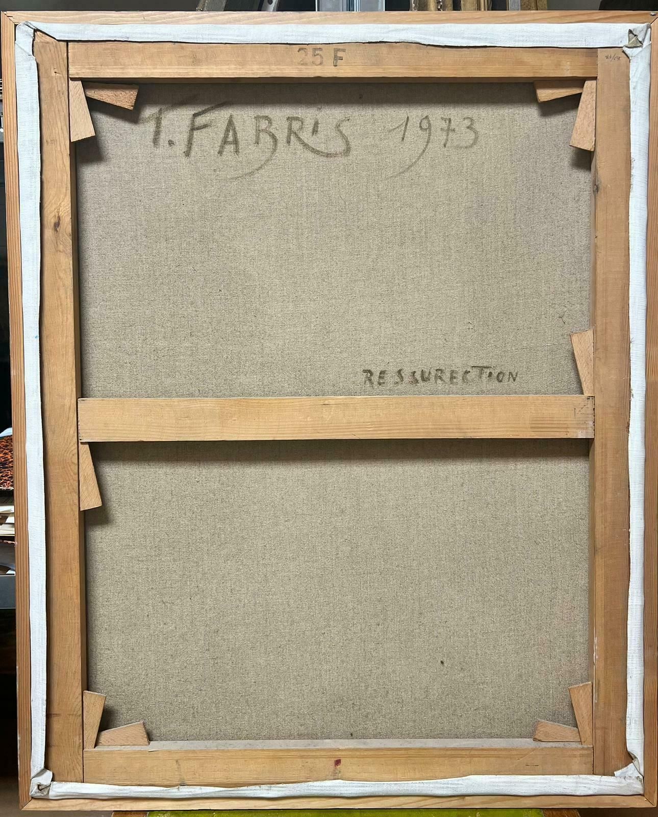 T. Fabris1970’s French Large Surrealist Abstract Oil Painting Pink Green Blues1973 photo vintage