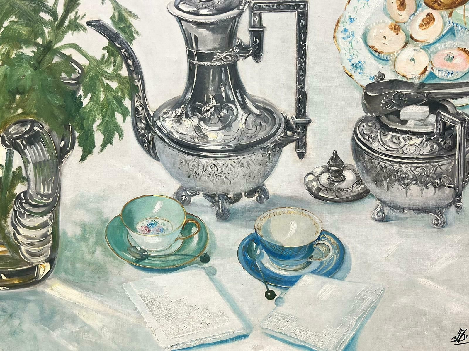 French Schoolmid Century French Oil Painting Fine Silver & China Tea Table Interior Signed photo buy