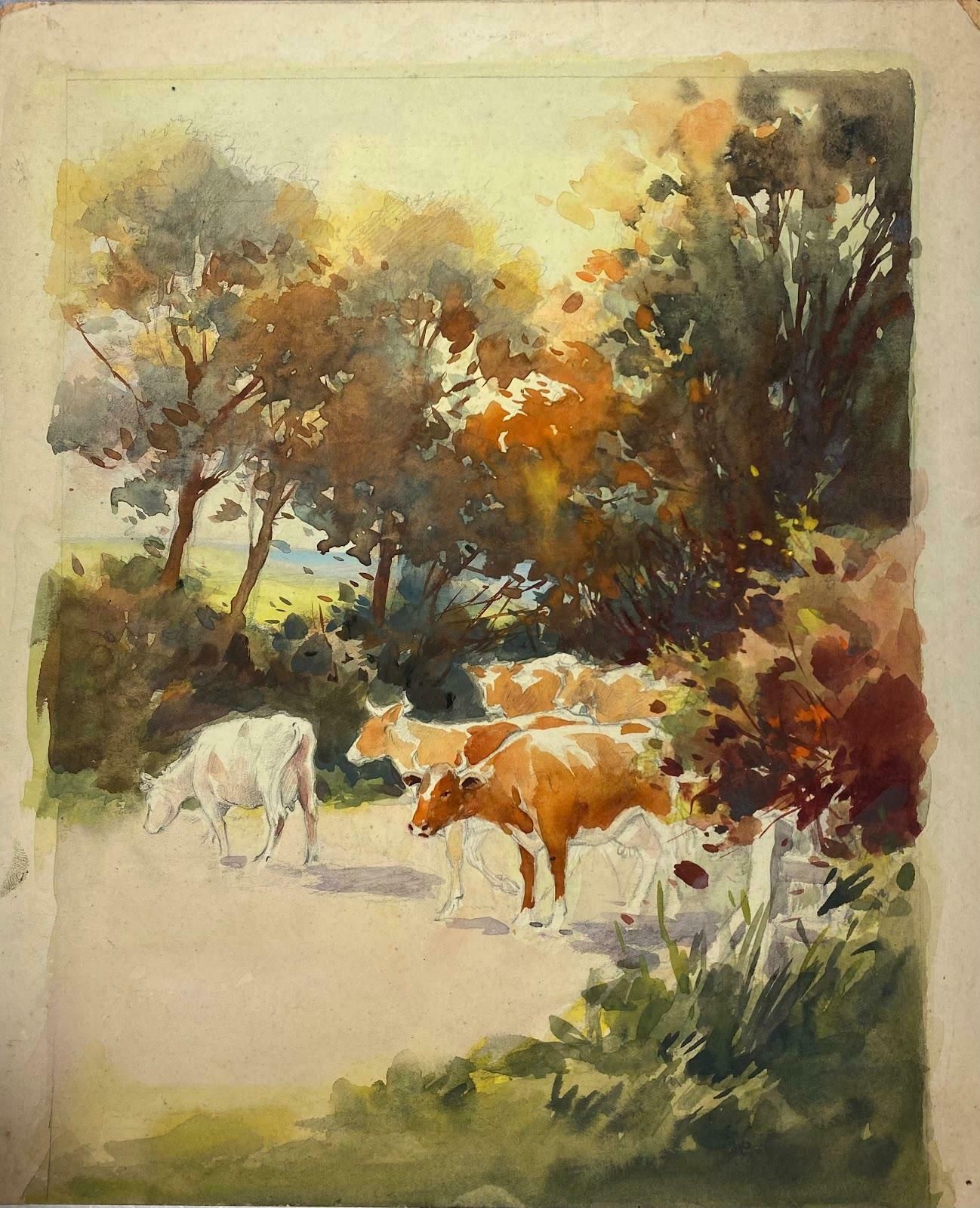 Frank Duffieldbritish Impressionist Painting Autuminal Landscape Cattle Crossing The Road Mid 20th Century photo furniture