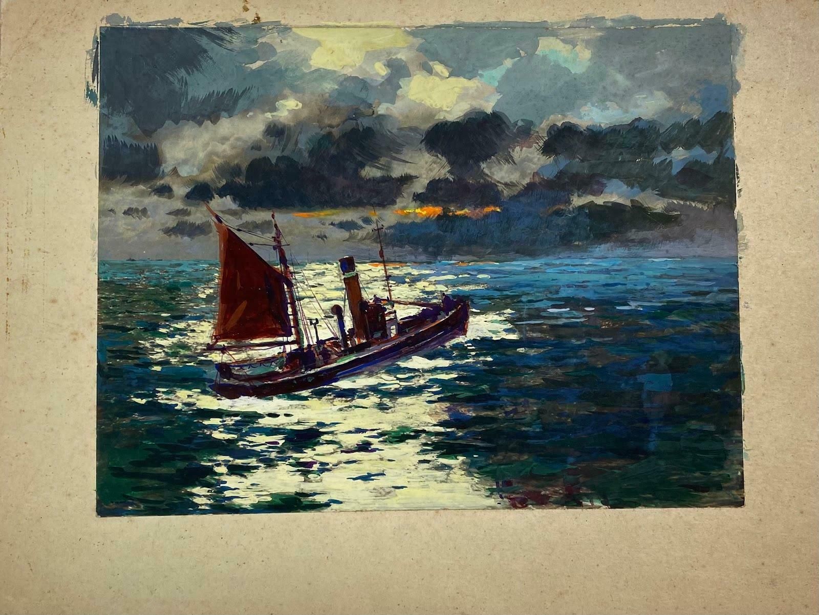 Frank Duffieldbritish Painting Moonlight Reflecting On The Water With Fishing Trawler Scenemid 20th Century photo furniture