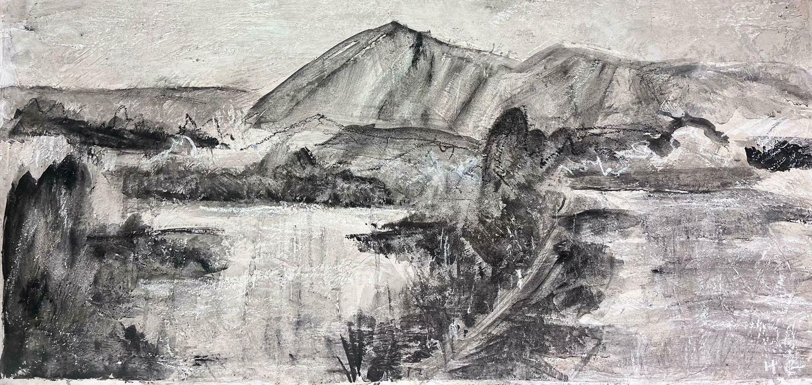 Helen Greenfieldenglish Impressionist Gouache Painting Black And White Hill Abstract