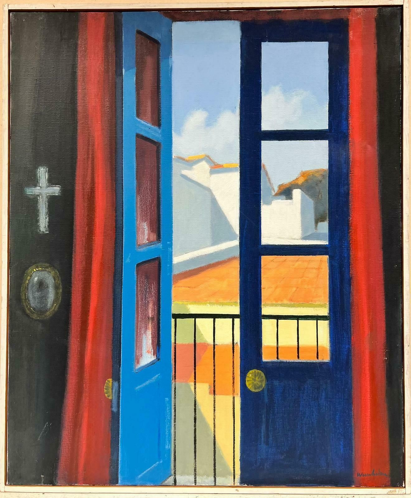 Stig Wernheden (1921–1997)swedish Modernist Oil Painting Open Window Patio Interior Room View Signed photo furniture