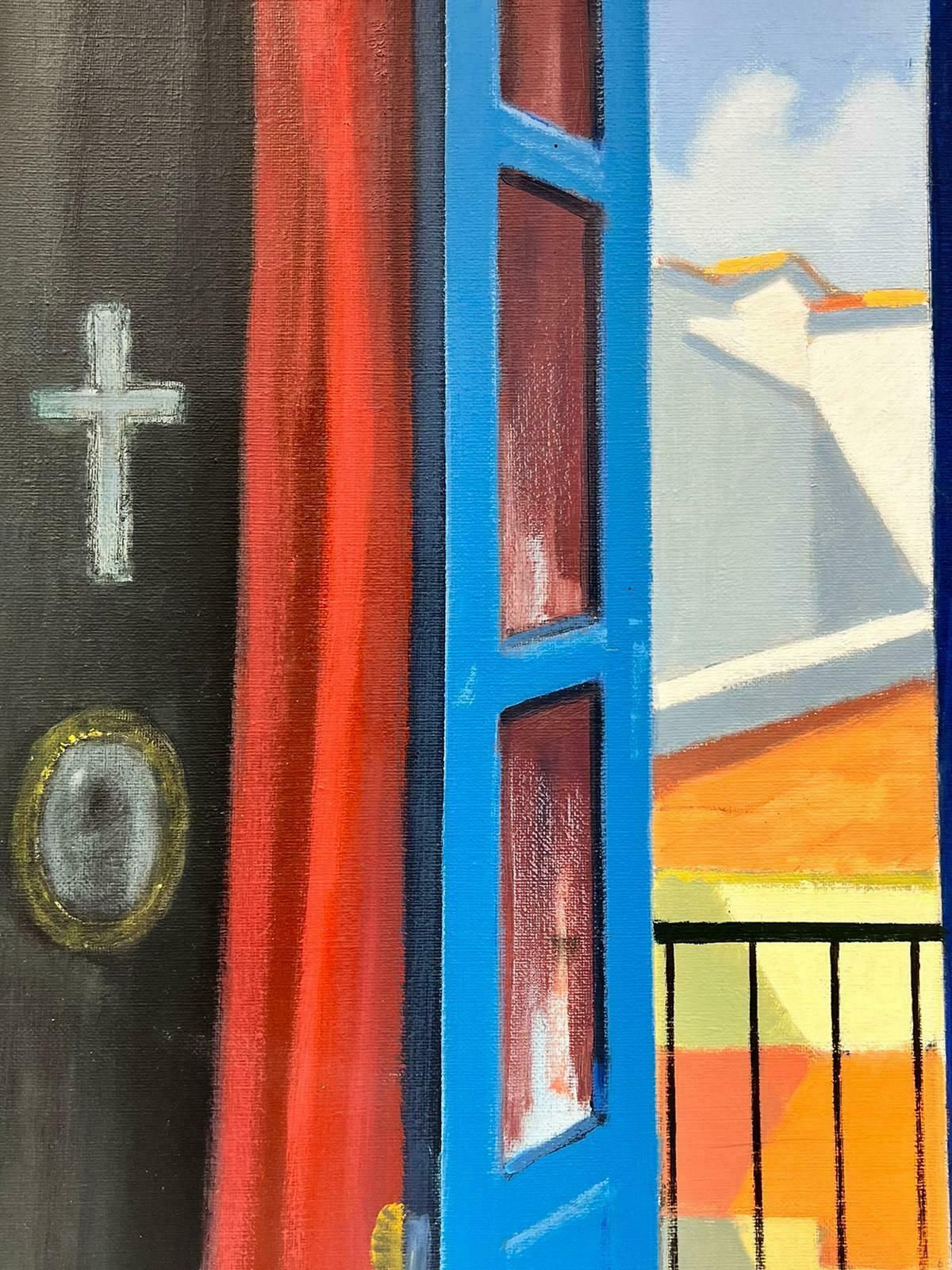 Stig Wernheden (1921–1997)swedish Modernist Oil Painting Open Window Patio Interior Room View Signed photo for sale