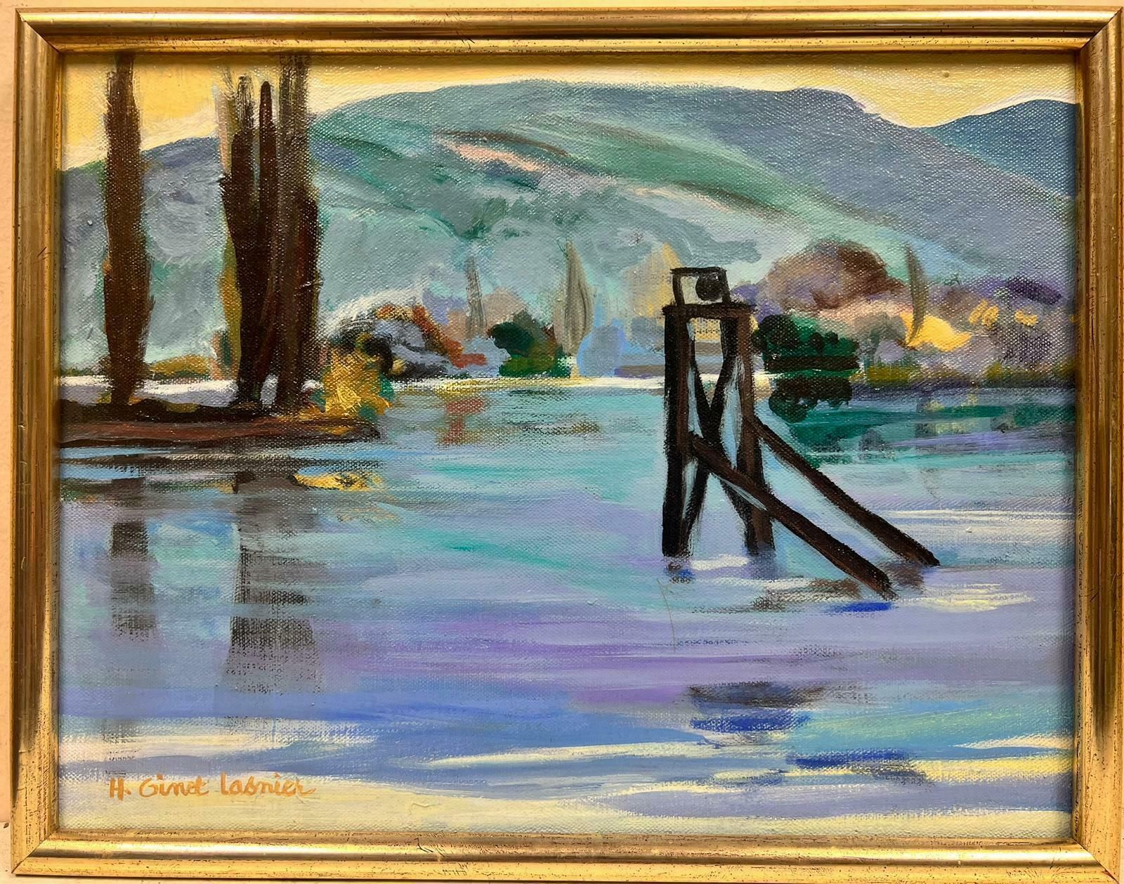 Huguette Ginet Lasnier Turquoise Blue Sea French Modernist Seascape Oil Painting C. 2000's