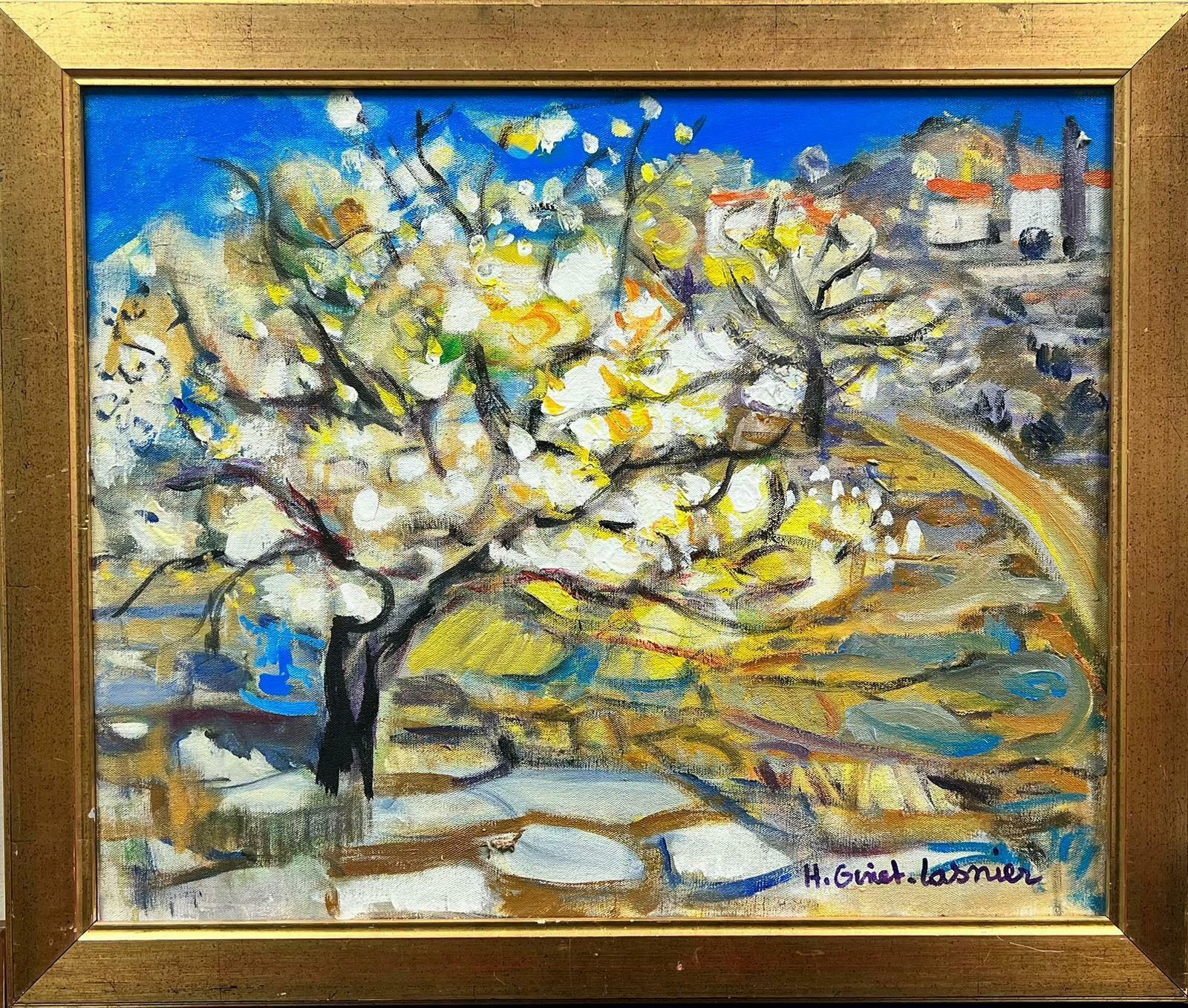 Huguette Ginet Lasnier Blossom Trees Provence Landscape French Modernist Signed Painting Blue Skiesc. 2000's