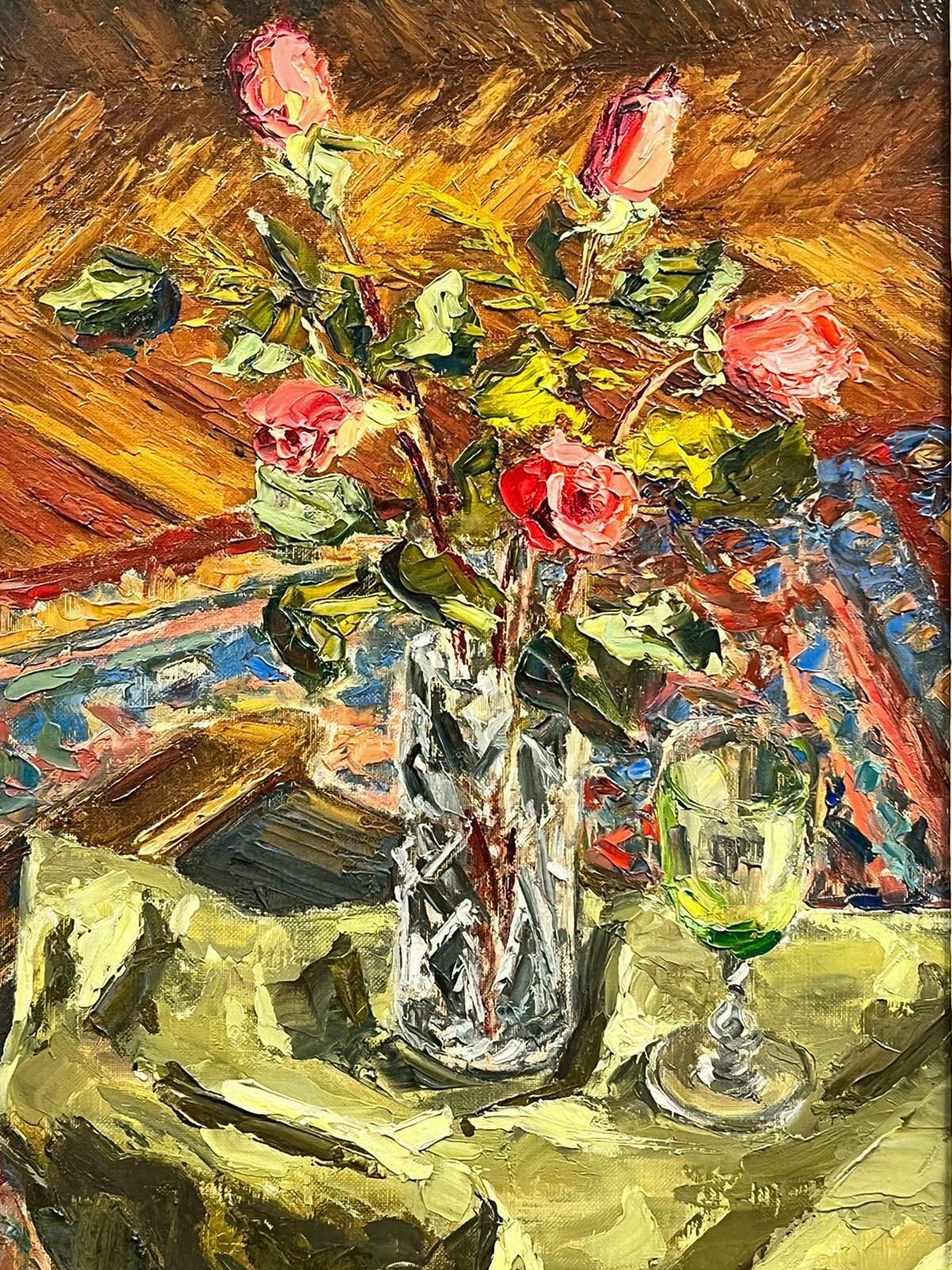Josine Vignonroses In Vase 1960’s French Post Impressionist Oil Painting Interior Scene1960's photo furniture