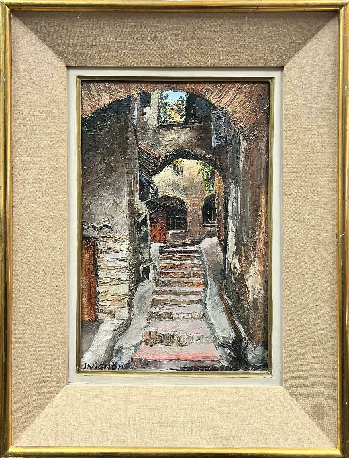 Josine Vignonold Town Provence Stone Steps Back Streets 1960’s French Oil Painting 1960's