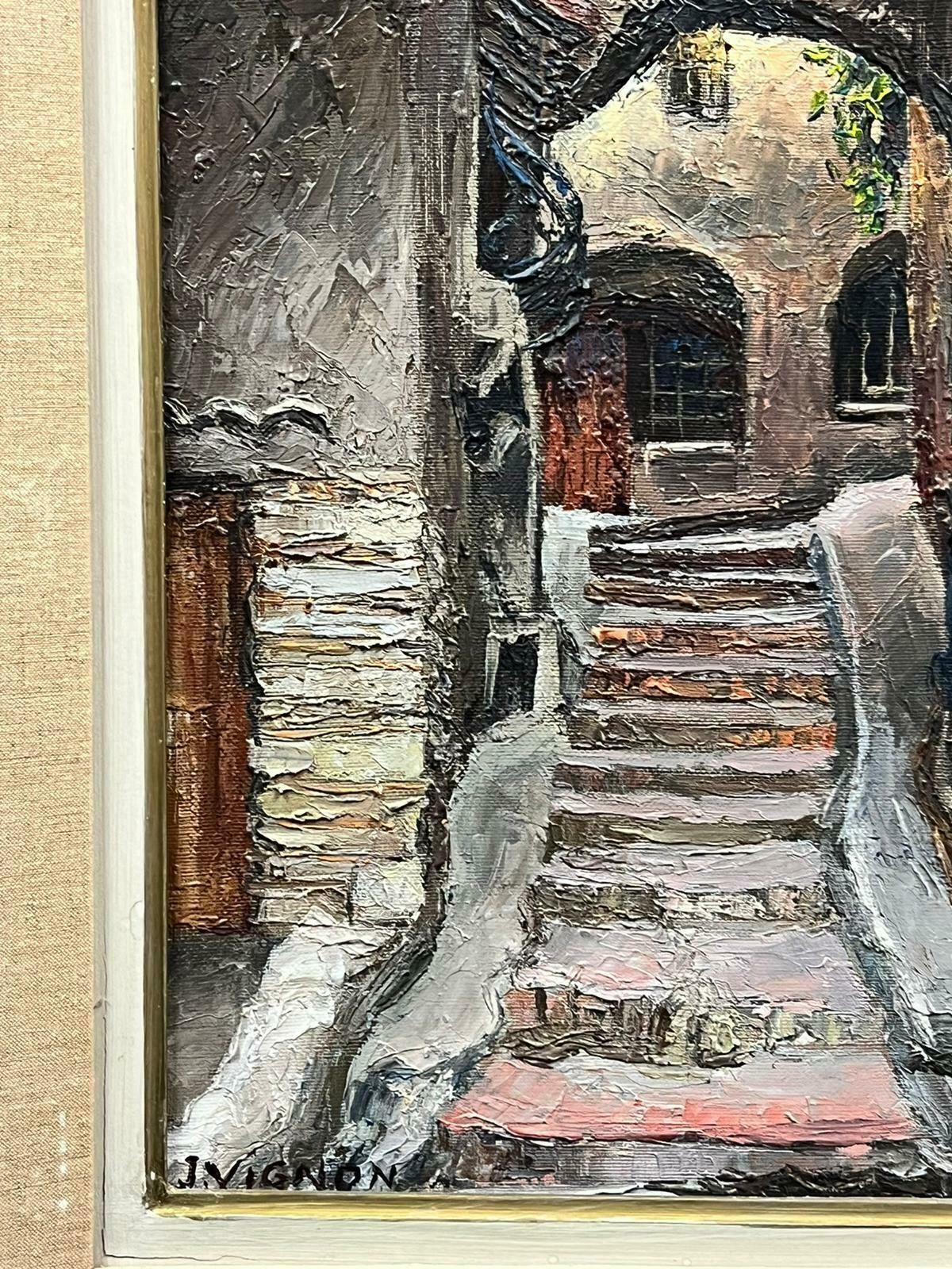 Josine Vignonold Town Provence Stone Steps Back Streets 1960’s French Oil Painting 1960's photo for sale