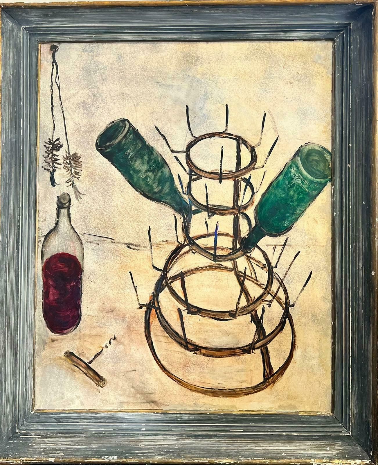 1960’s French Expressionist Oil Wine Bottles Drying On Metal Rack1960’s