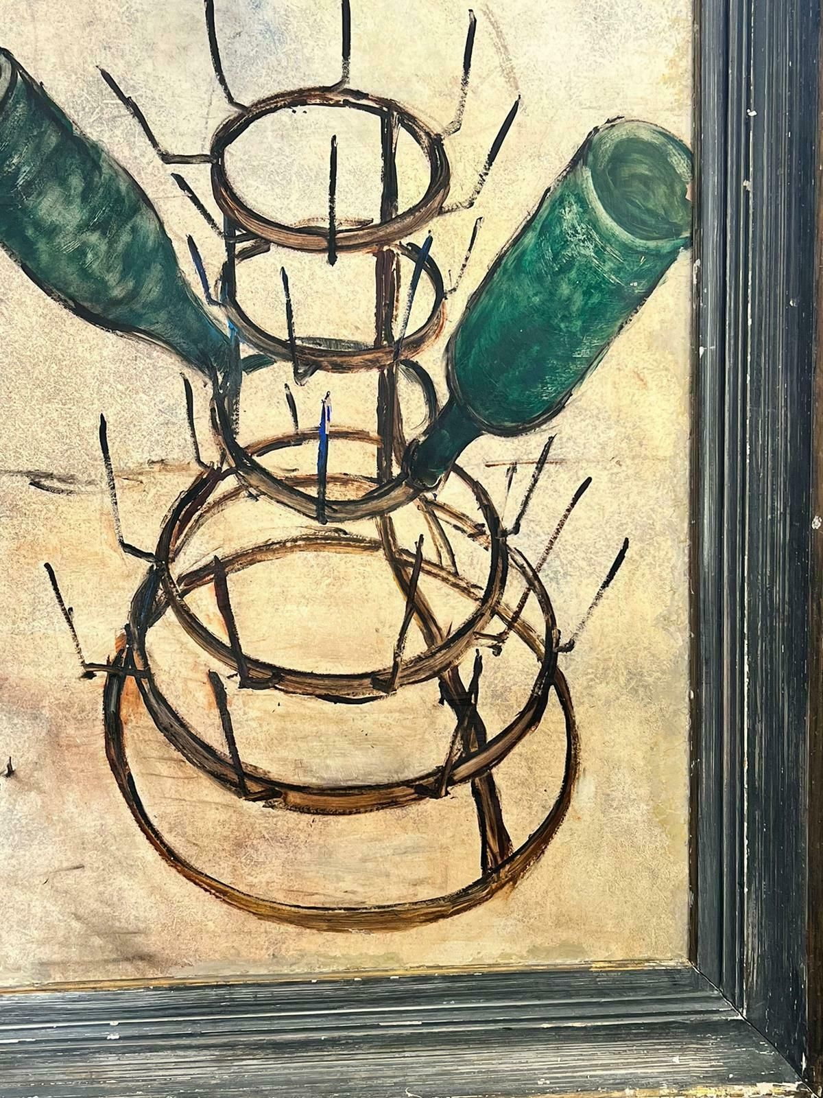 1960’s French Expressionist Oil Wine Bottles Drying On Metal Rack1960’s photo for sale