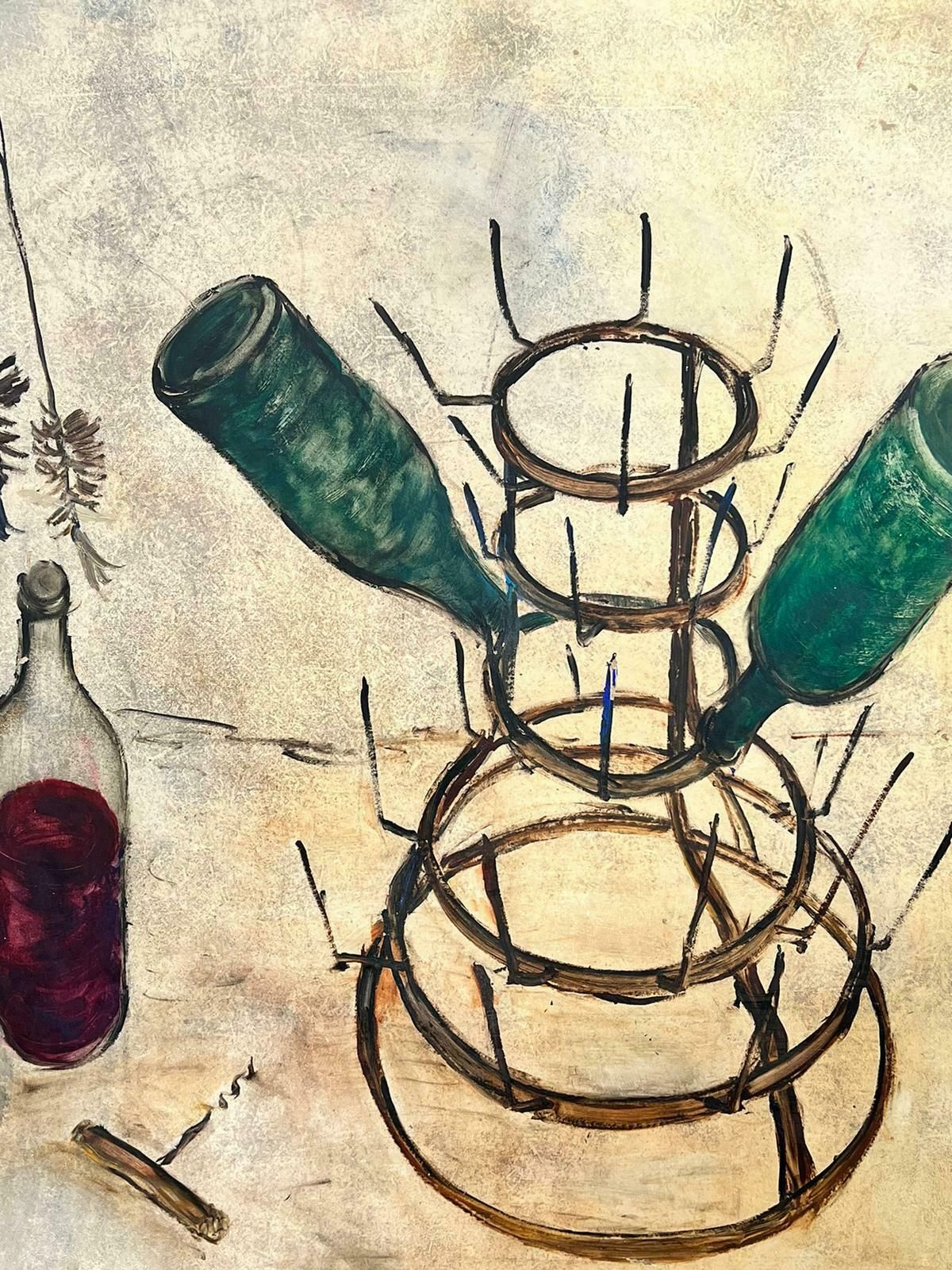 1960’s French Expressionist Oil Wine Bottles Drying On Metal Rack1960’s photo Art
