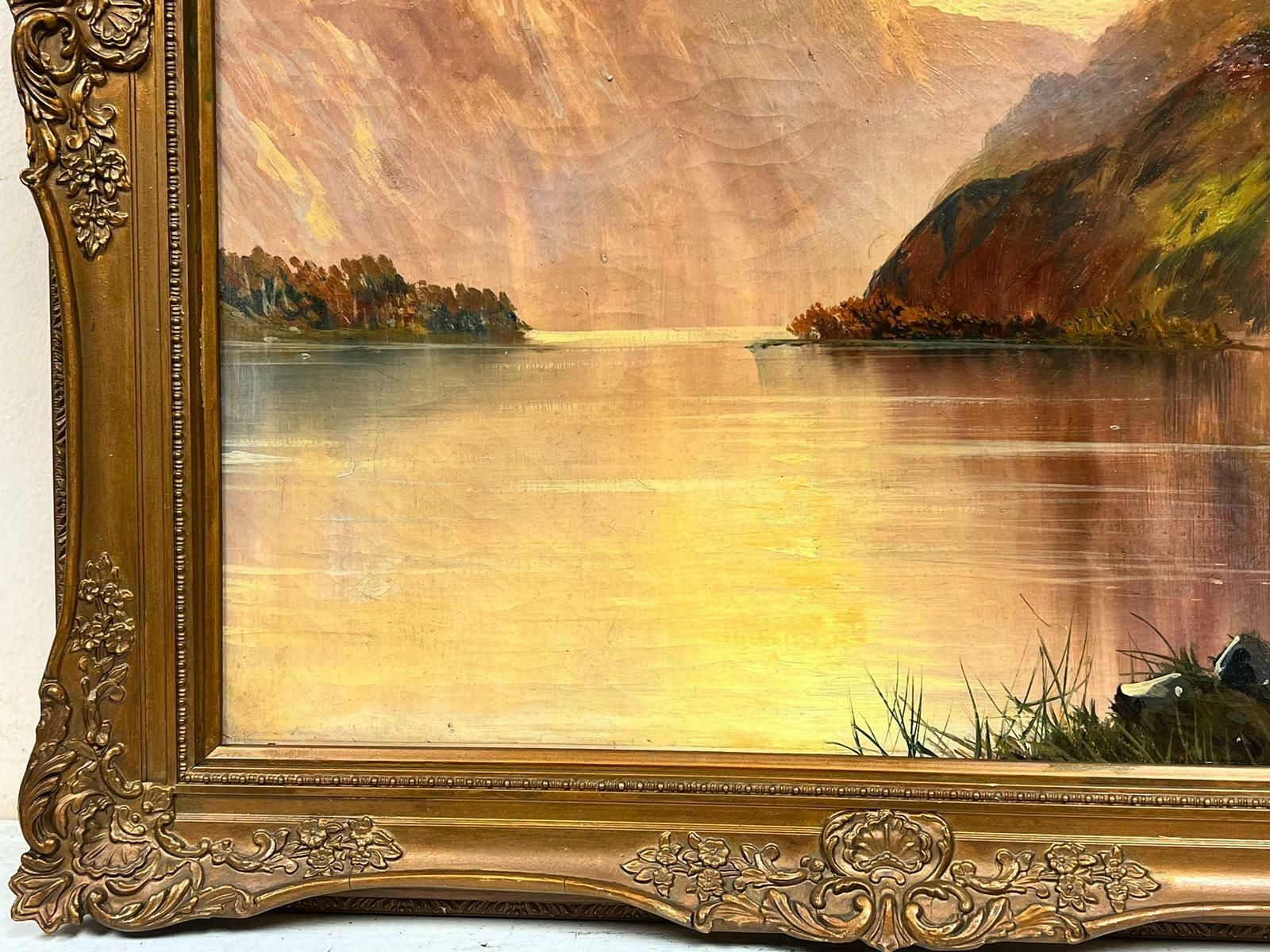 Henry Coopersunset Scottish Highland Loch Scene With Cottage Antique Signed Oil photo Art