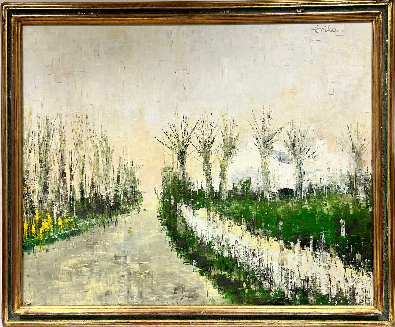 Erika1970’s Huge French Expressionist Green Landscape Avenue Of Trees, Signed Oil C. 1974