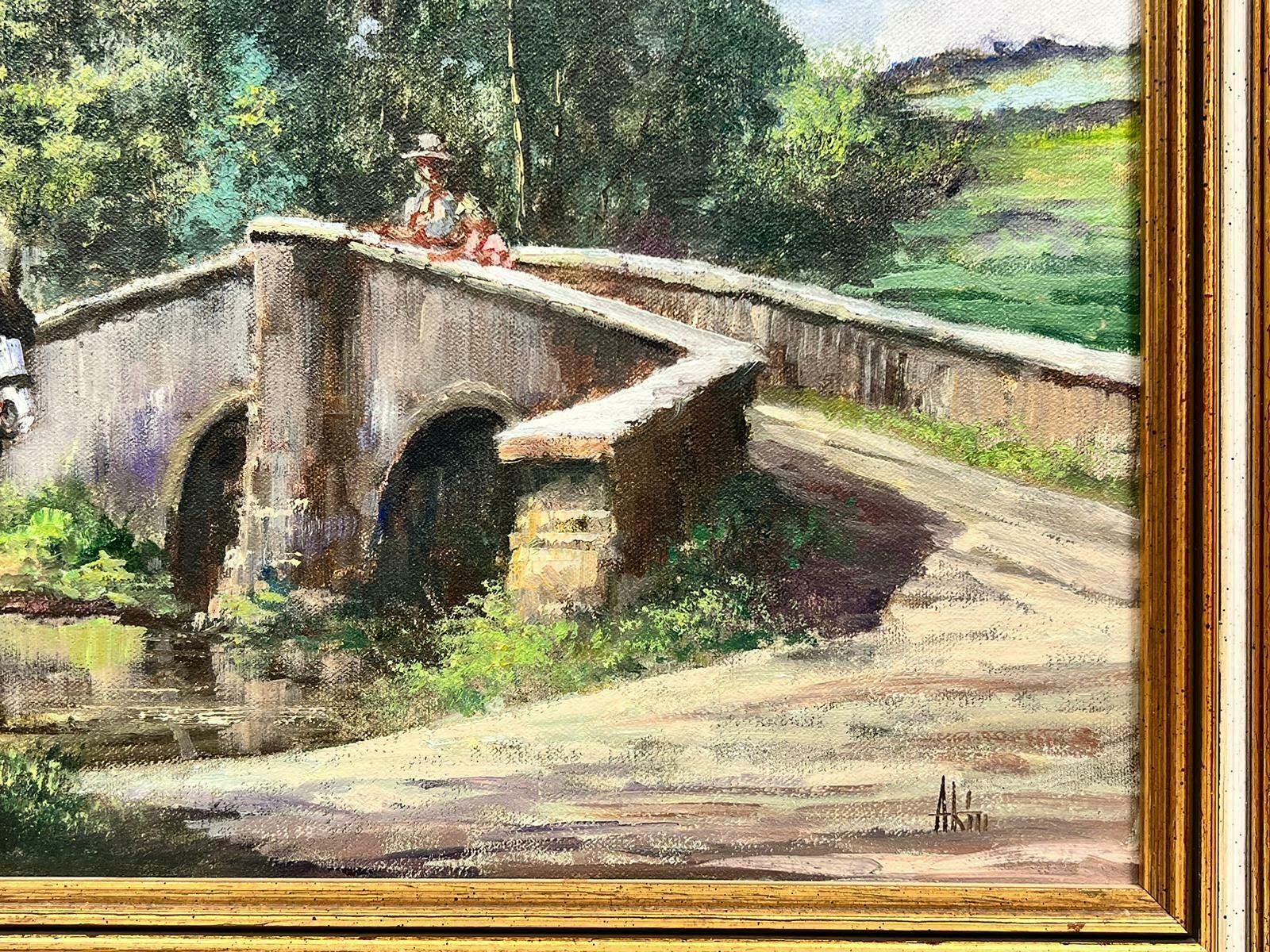 Alan Kingtraditional English Rural Oil Painting Horse & Cart Crossing Stream In Fields photo for sale