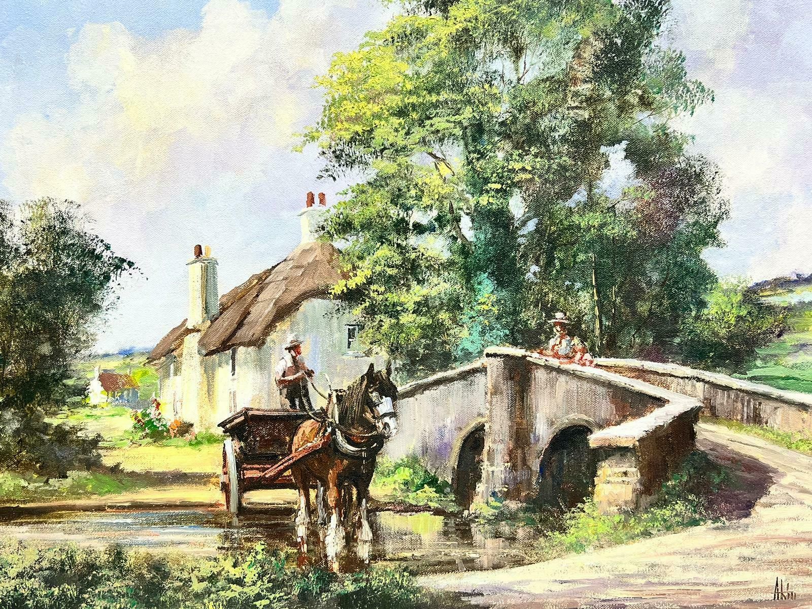 Alan Kingtraditional English Rural Oil Painting Horse & Cart Crossing Stream In Fields photo Art