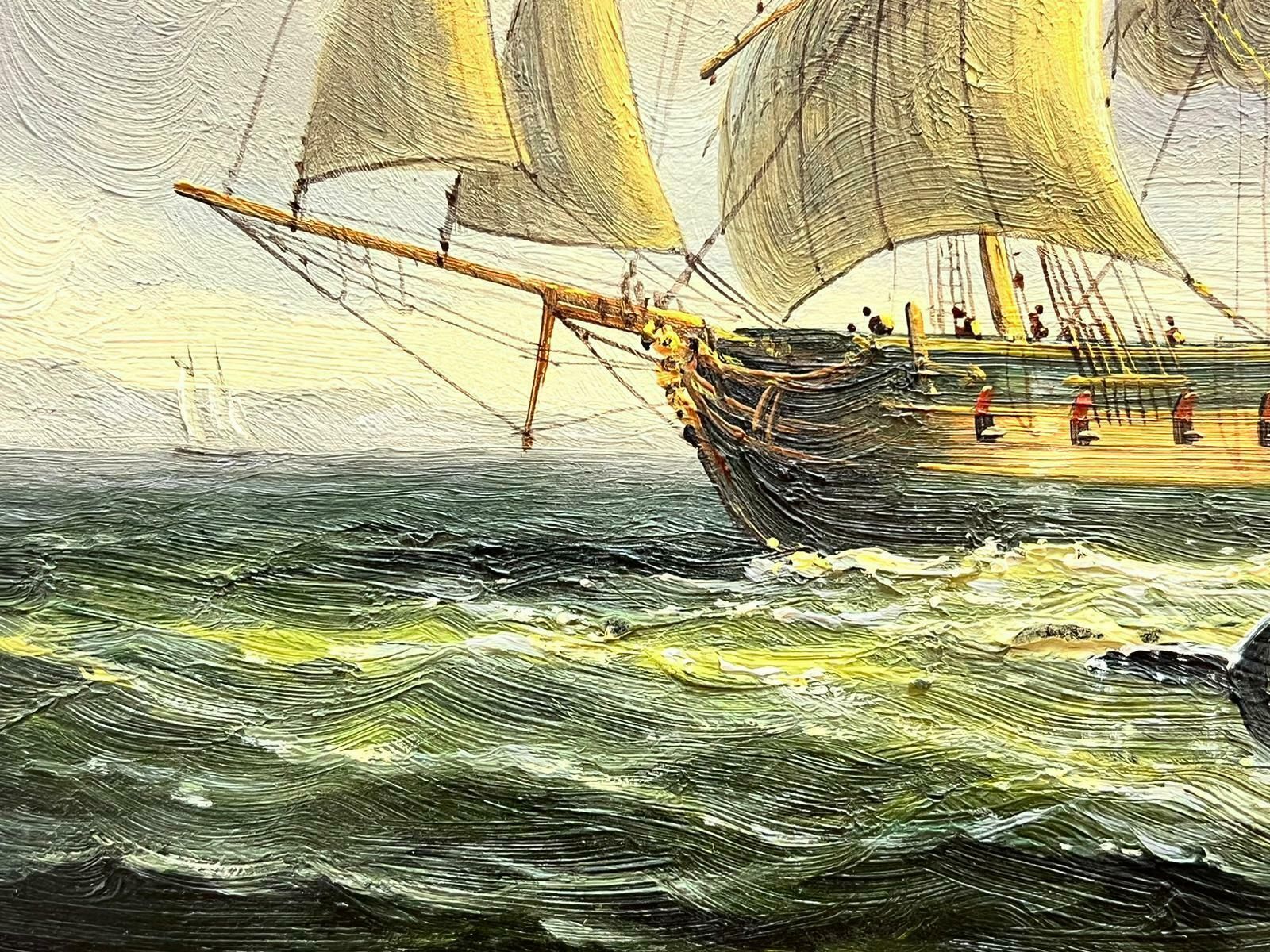 English Marineclassic Tallship At Sea With Whale In Water Off Coastline, English Oil Painting photo for sale